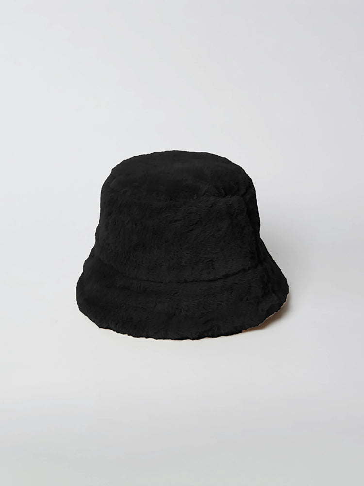Black faux fur bucket hat. Shows a slight hint of a light tan/beige underside of the brim.