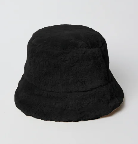 Black faux fur bucket hat. The brim has a slightly lighter, tan undertone.