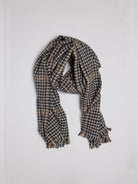 Black, tan & brown houndstooth scarf with fringed ends.