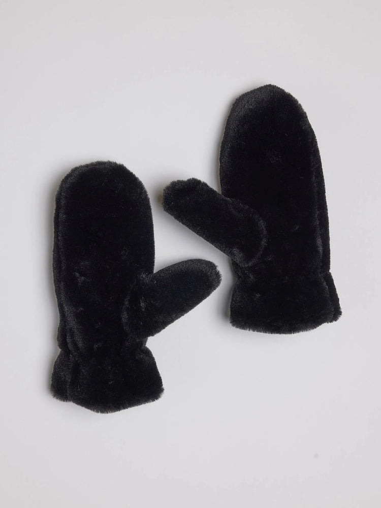Pair of fluffy black faux fur mittens with defined thumbs, slightly overlapping on a light background.