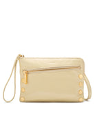 Cream leather clutch with gold top and front zippers, rectangular pull, round side studs, and wristlet strap.