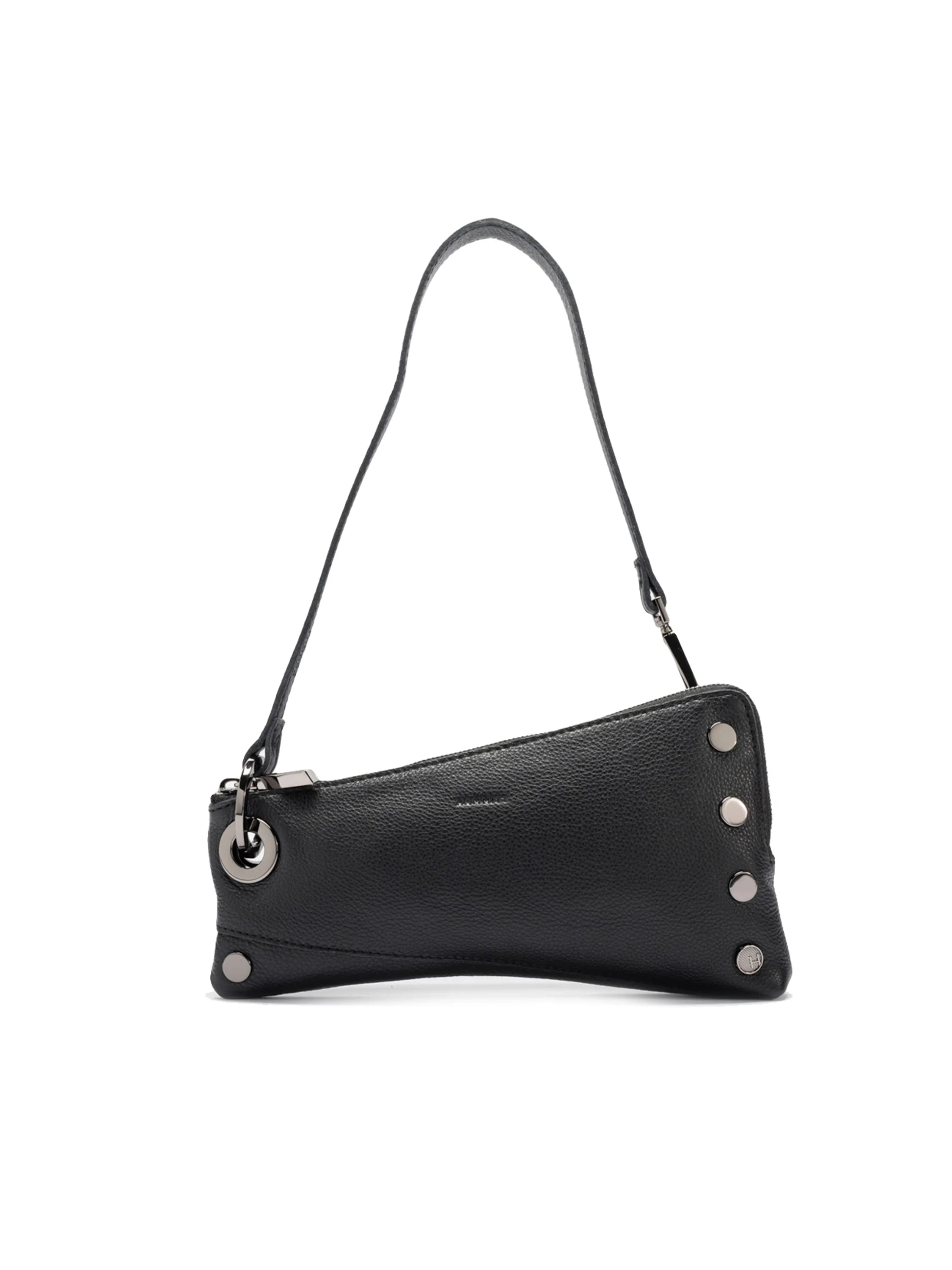 Black textured leather clutch with slim strap, silver-toned ring at left, and vertical row of round studs on right.