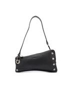 Black leather clutch with dark gunmetal hardware; long strap;  four studs on one side.