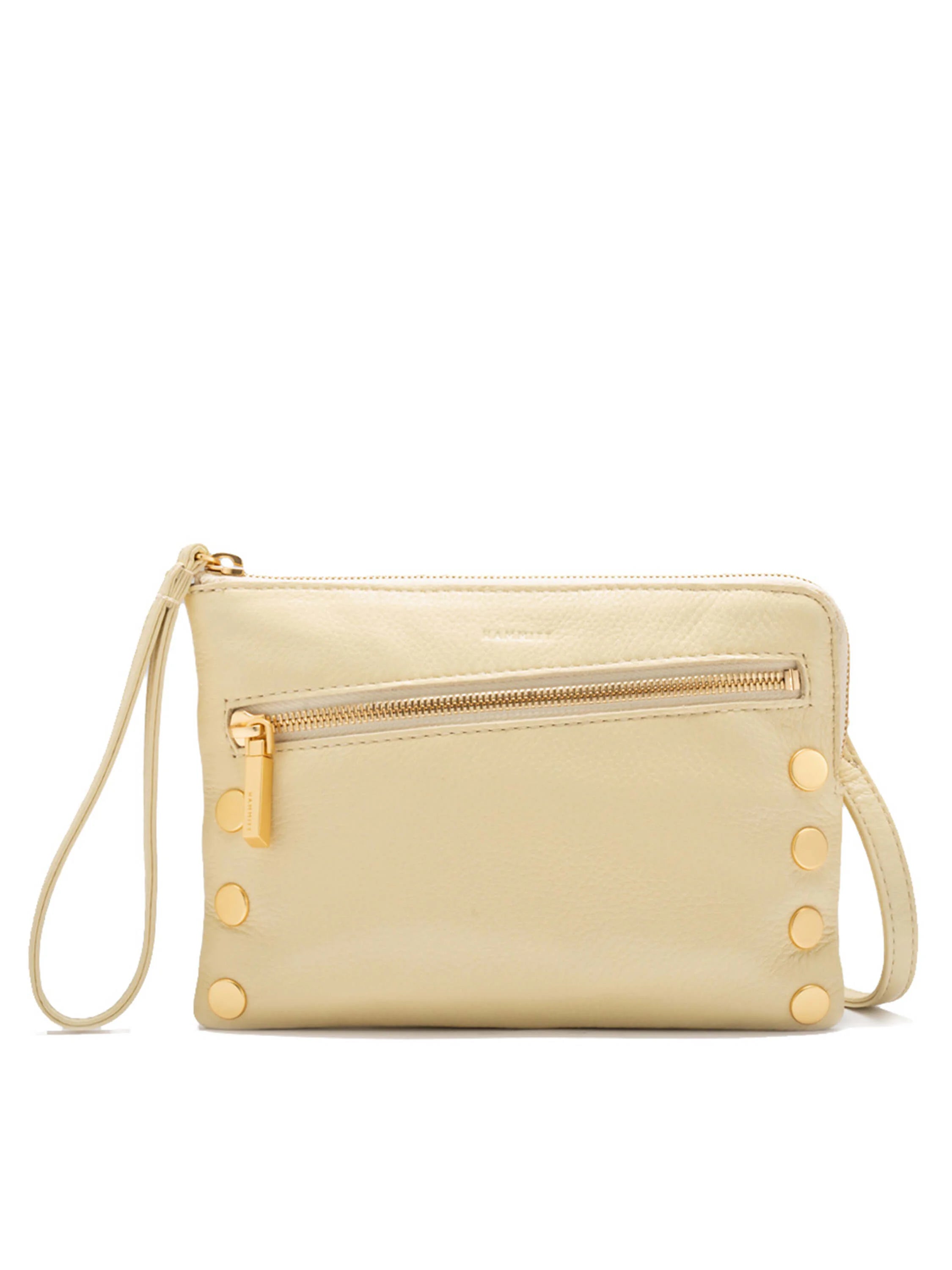 Pale yellow leather clutch with gold zipper and studs; wrist strap.
