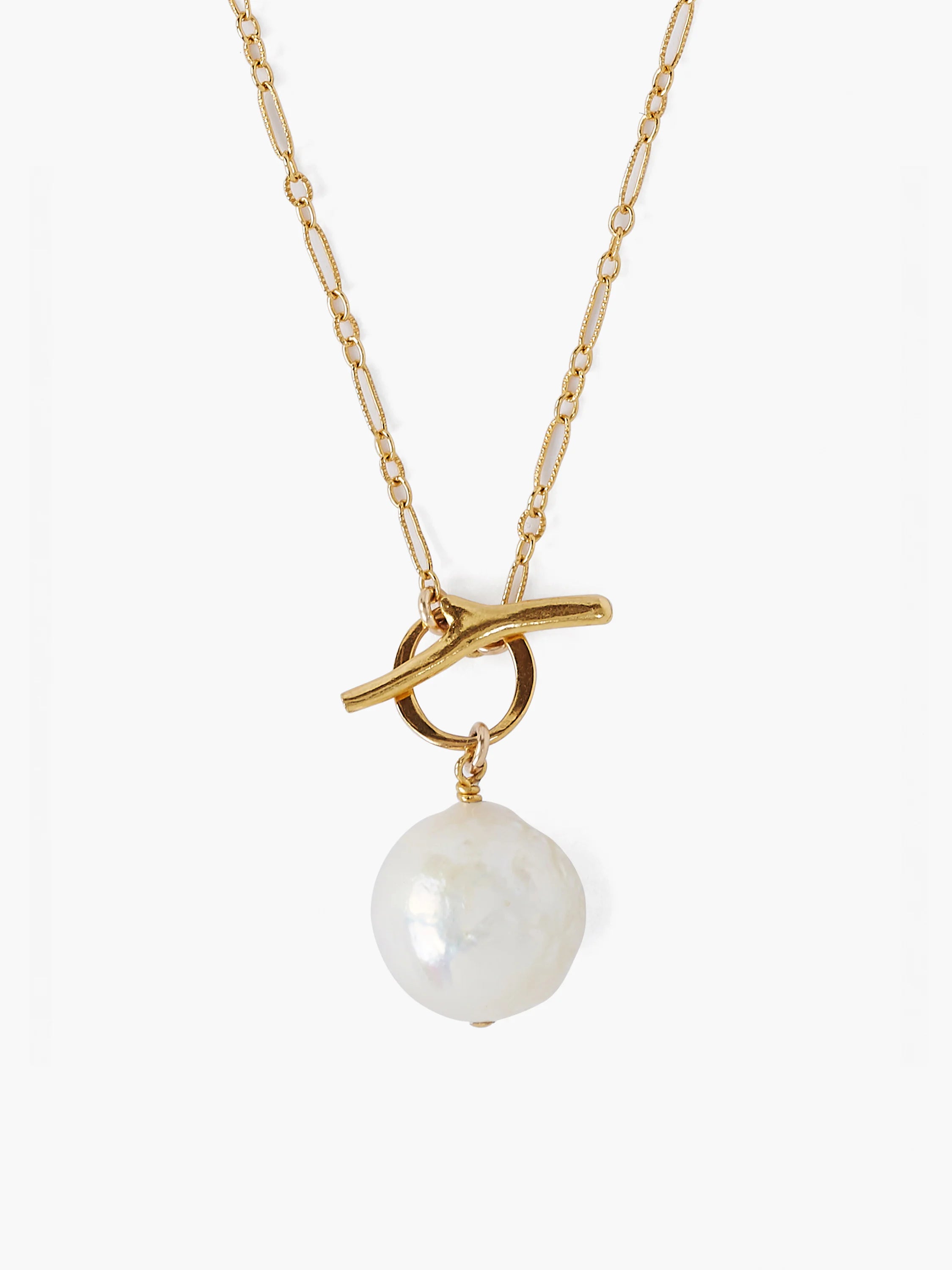 Gold chain necklace with a large white pearl and gold toggle clasp.