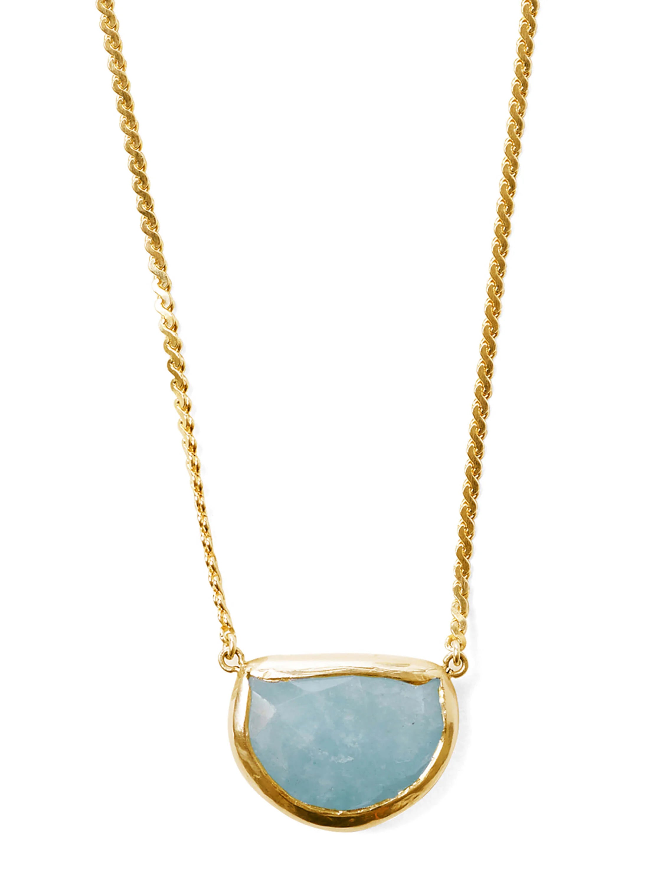 Gold twisted chain necklace with a light blue moonstone in a half-moon shaped gold pendant.