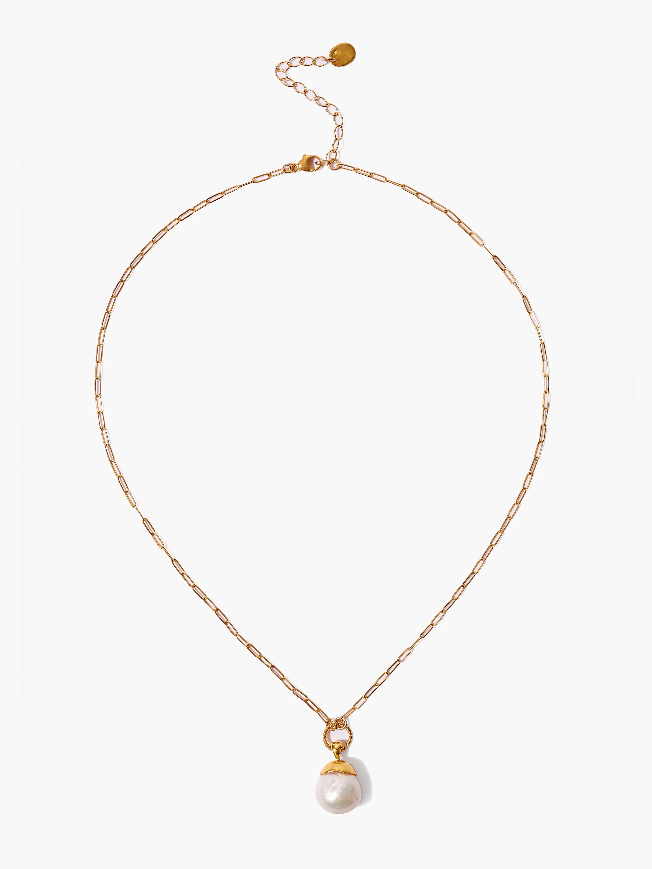 Gold chain necklace with a large off-white pearl pendant.