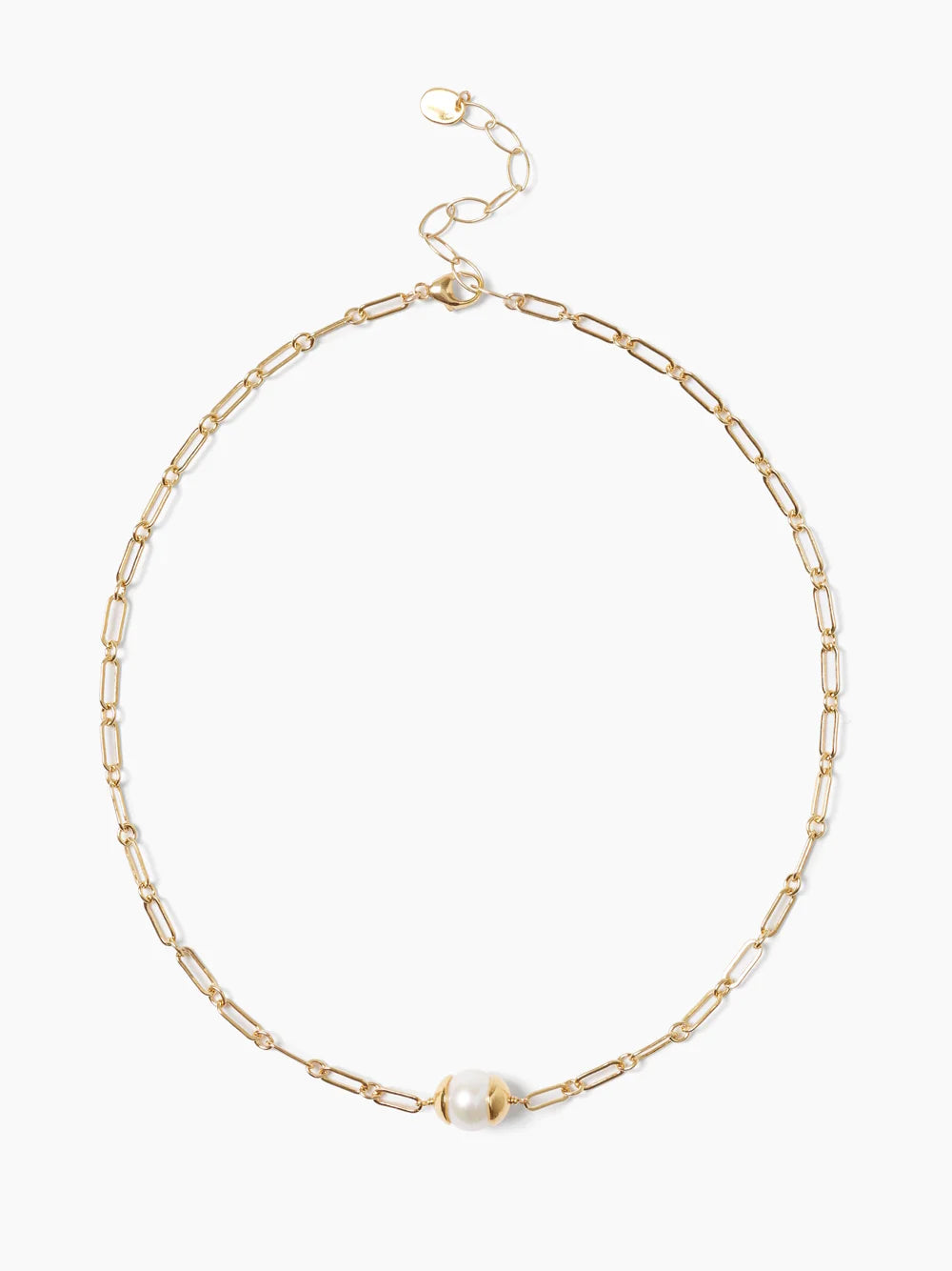 Gold chain necklace with a single white pearl. The chain is made of linked oblong shapes.