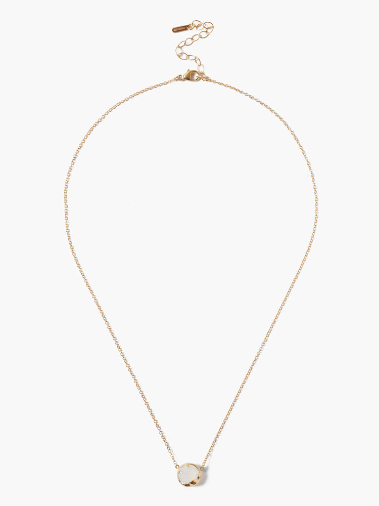Thin gold-tone chain necklace with a round, milky white iridescent stone pendant in a gold-tone bezel. Adjustable clasp.