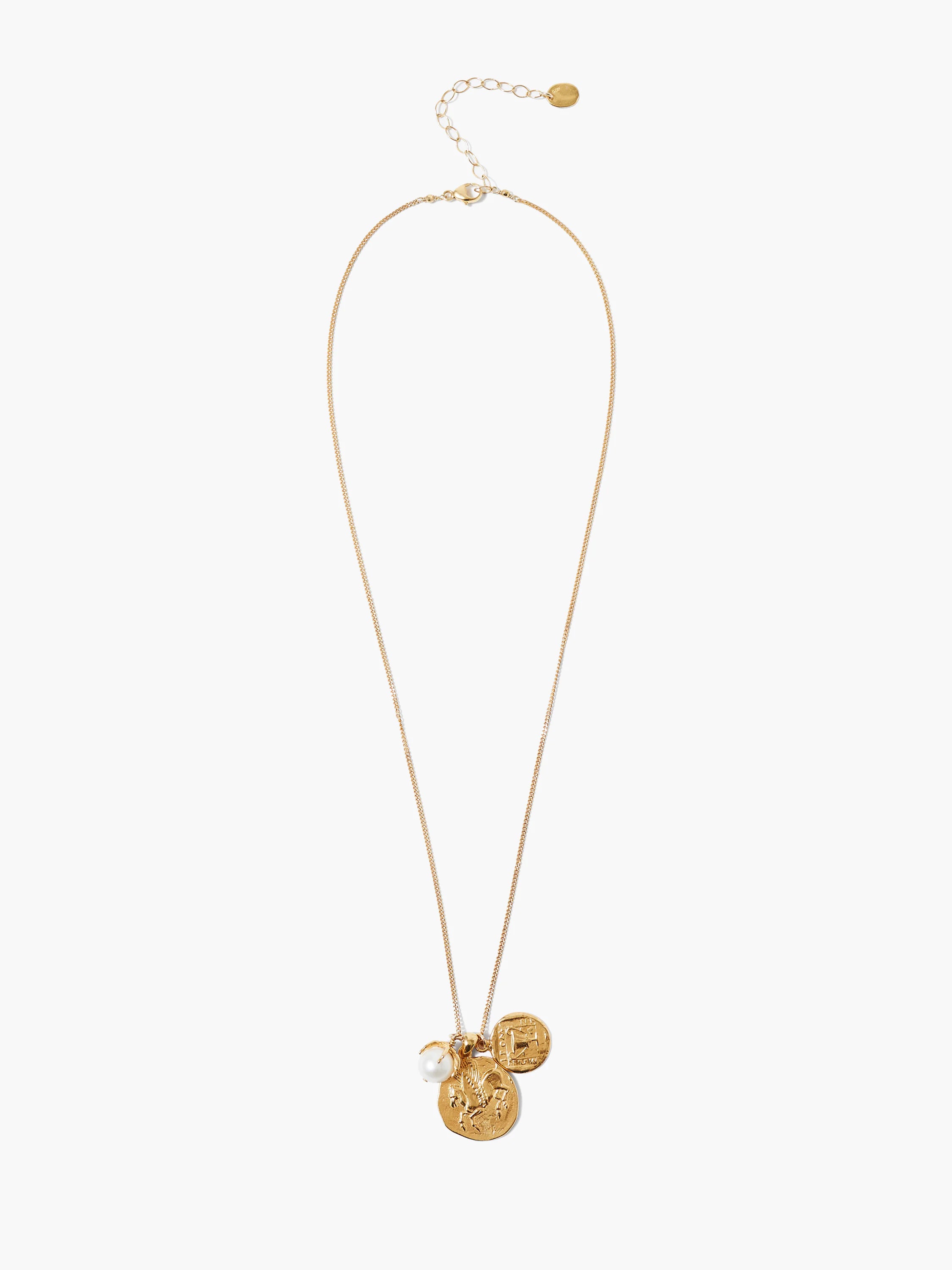 Gold necklace with a delicate chain, featuring a white pearl and two gold coin pendants, one embossed with an animal.