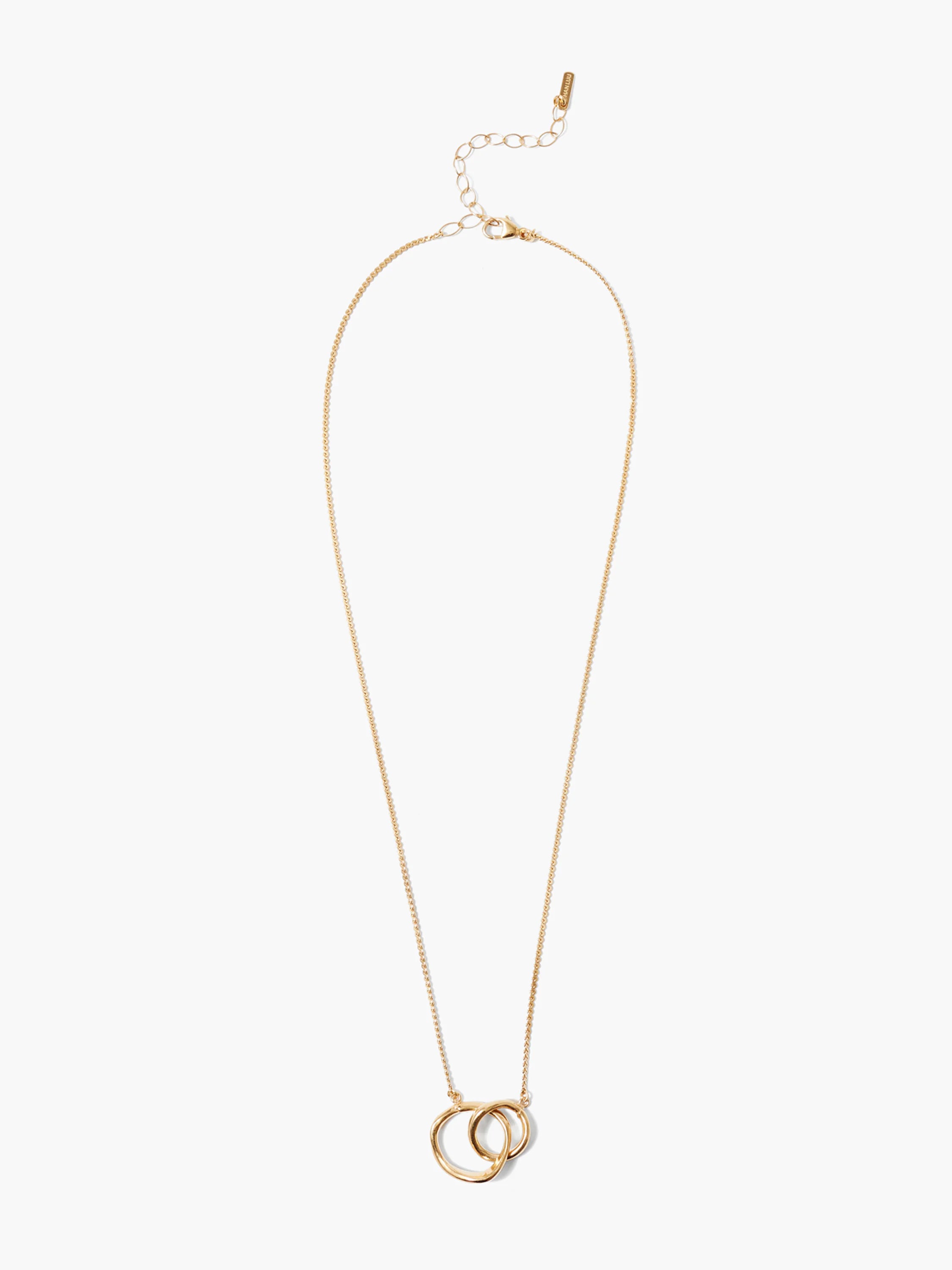 Gold-toned necklace with a thin chain and two intertwined, organic gold rings at its base.