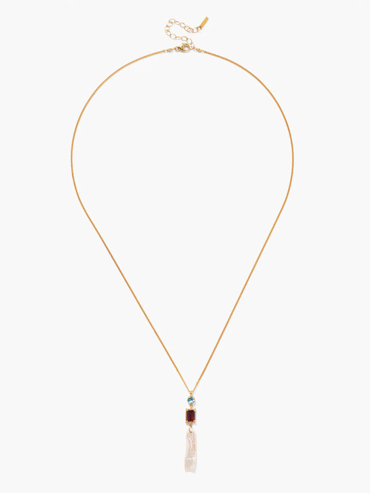 Gold chain necklace with light pink pearl, blue, and burgundy rectangular stone accents.