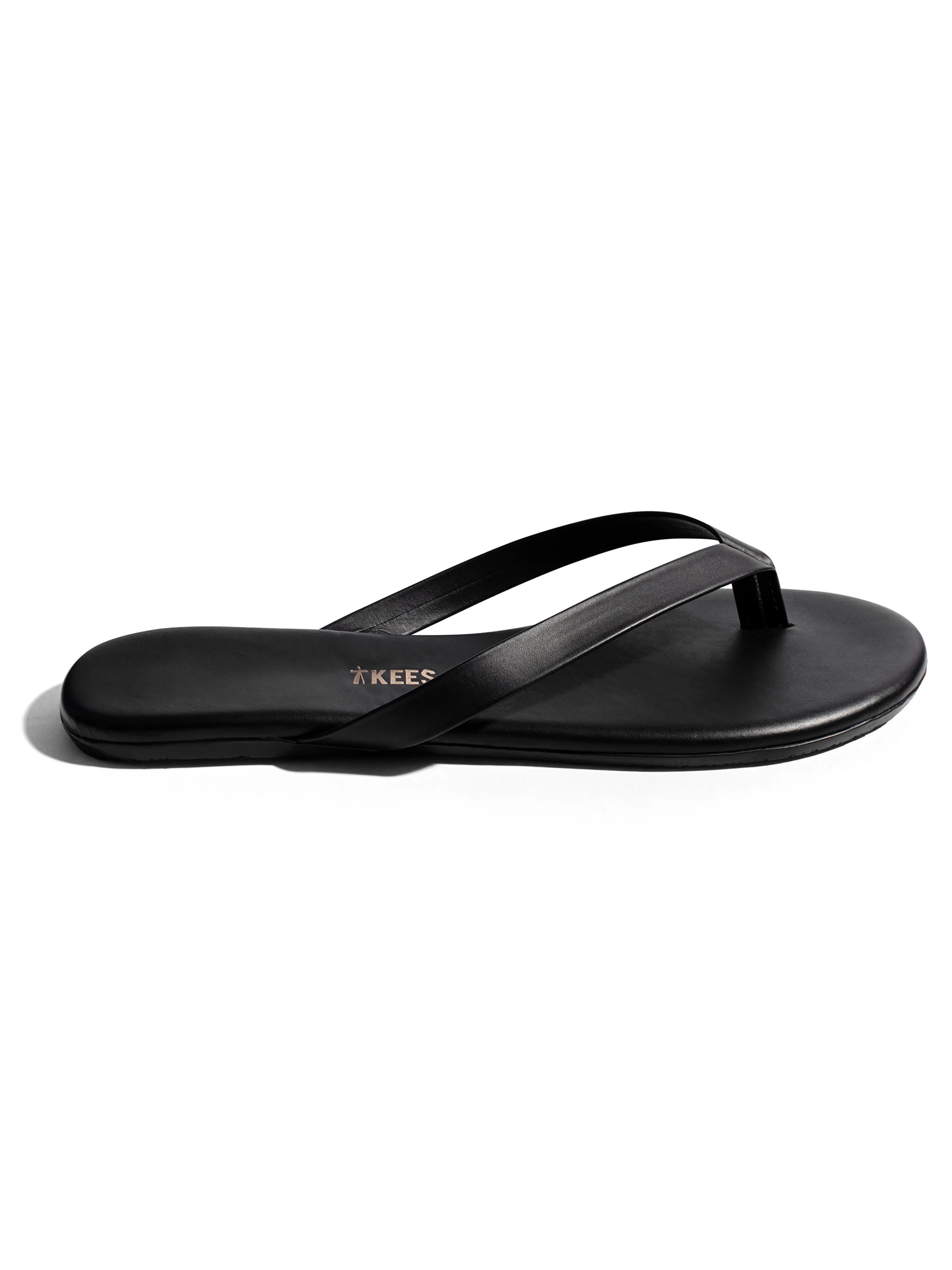 Black leather thong flip-flop.  Rose gold logo on sole.