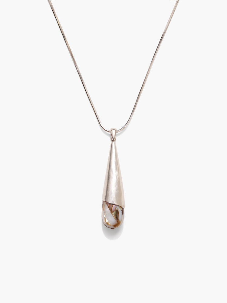 Silver necklace with a tapered silver and iridescent abalone shell pendant.
