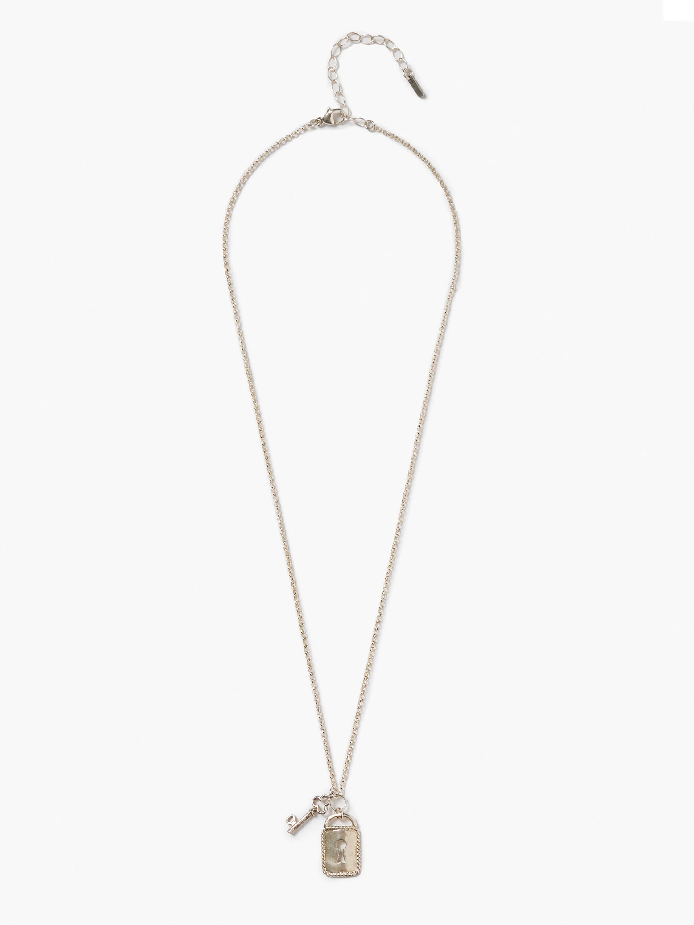 Silver-toned chain necklace with a key charm and a rectangular lock charm with a keyhole.