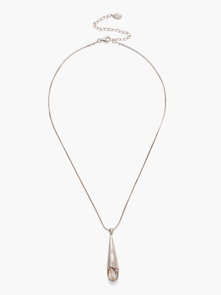 Silver snake chain necklace with teardrop-shaped abalone pendant; iridescent white, brown, and beige tones in pendant.