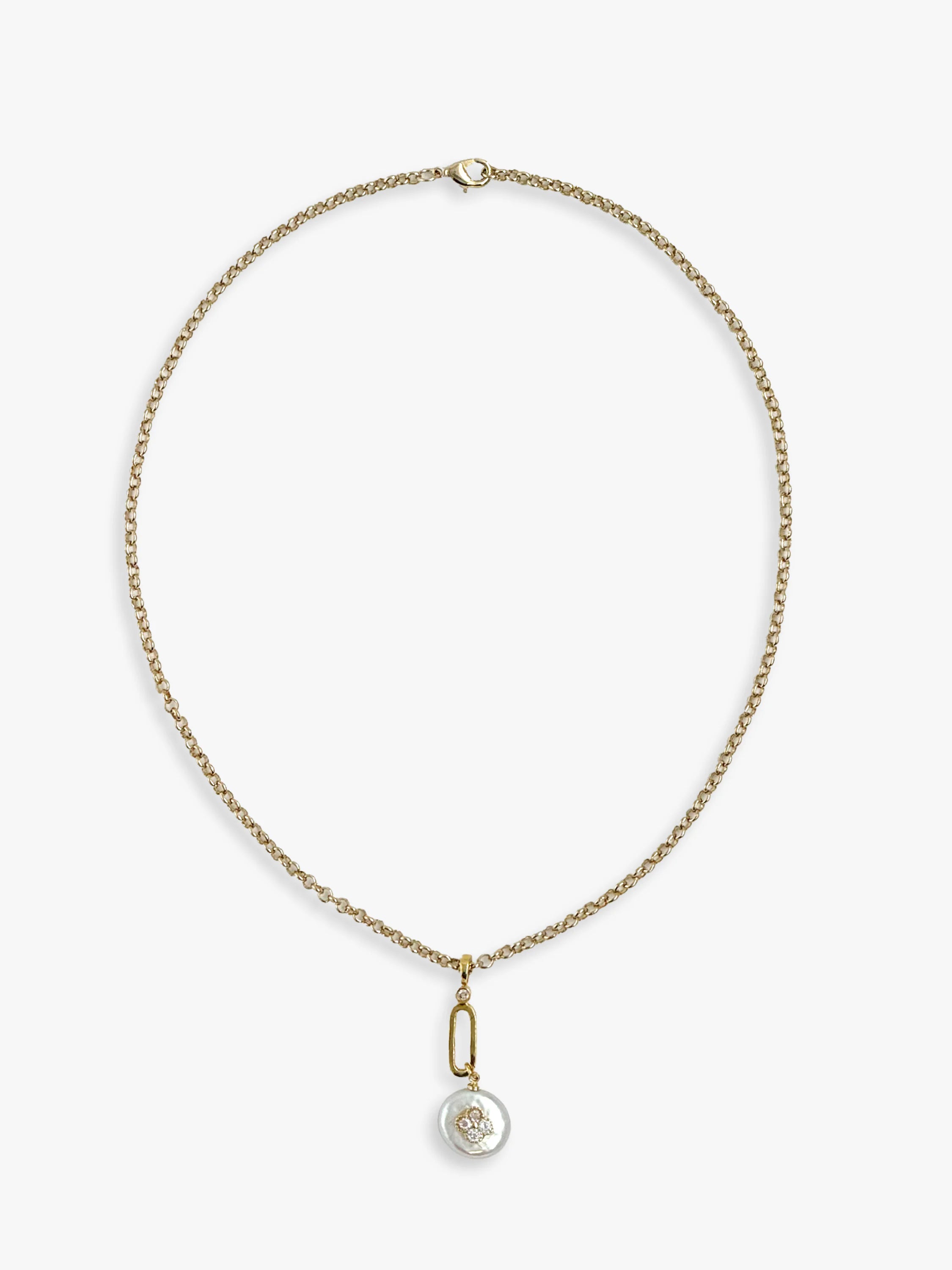 Gold chain necklace with a pearl and diamond pendant. The pearl is off-white; diamonds and chain are gold.