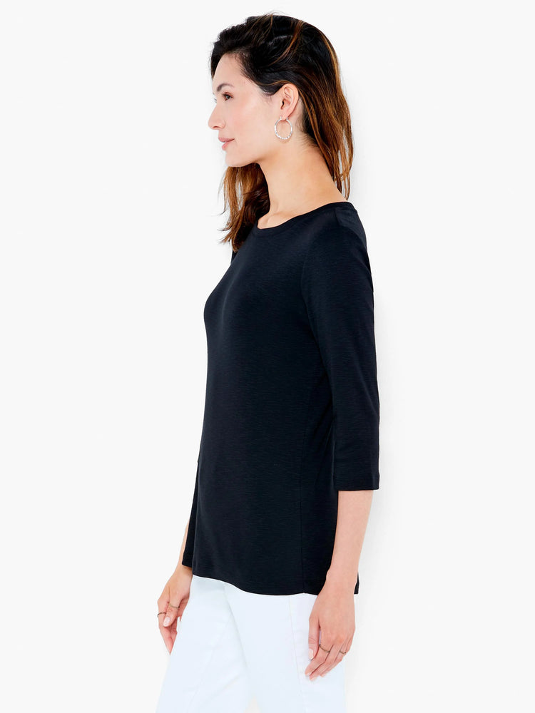 Black 3/4 sleeve boat neck tee, showing subtle horizontal fabric texture, on a model's profile.