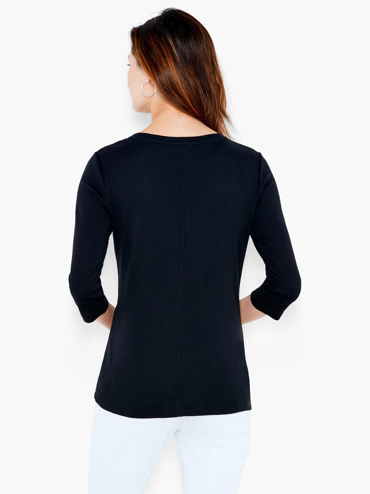 Black textured 3/4 sleeve boat neck tee shown from the back, featuring a visible center seam.