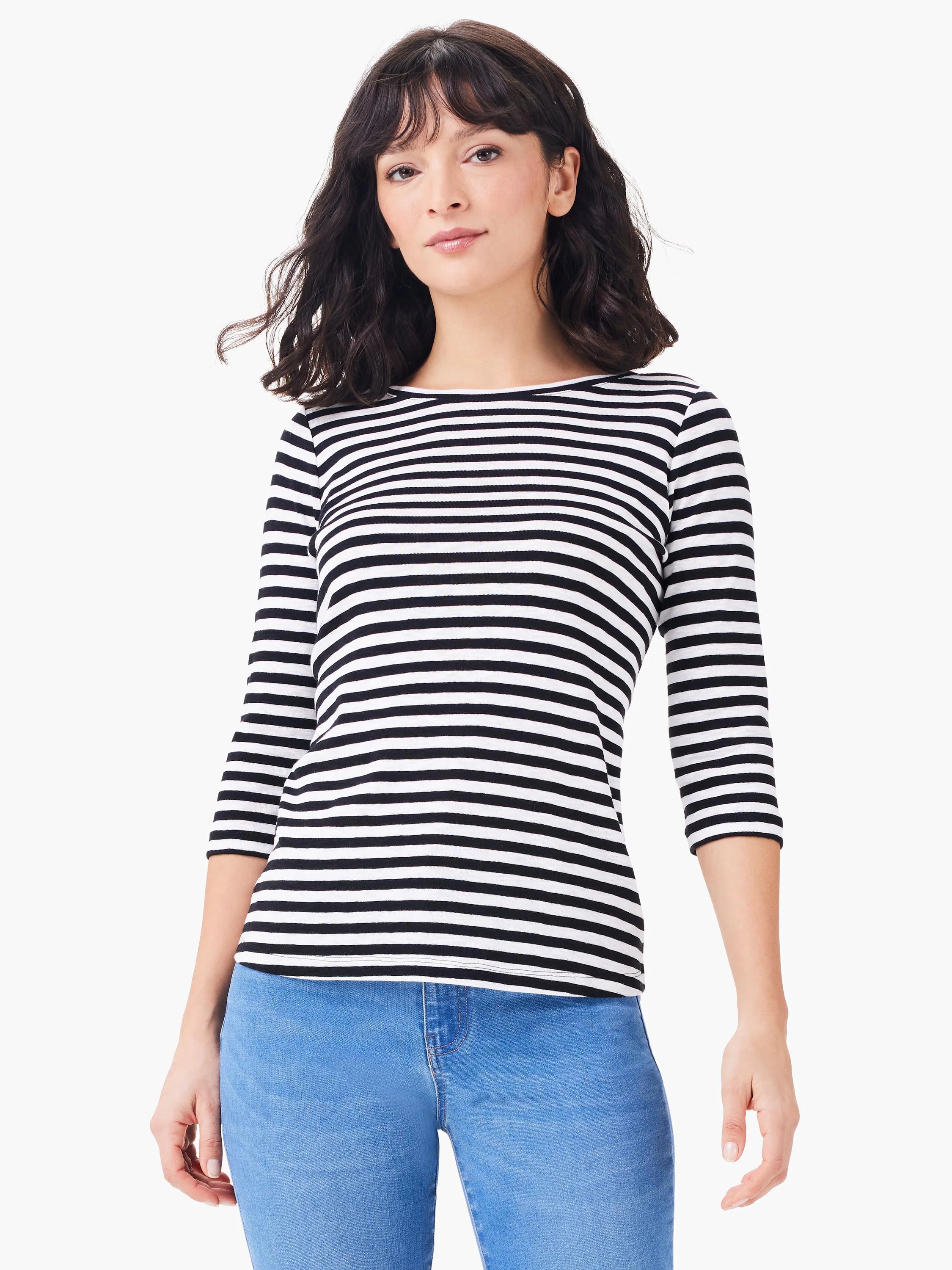 Black and white horizontally striped 3/4 sleeve boat neck tee.
