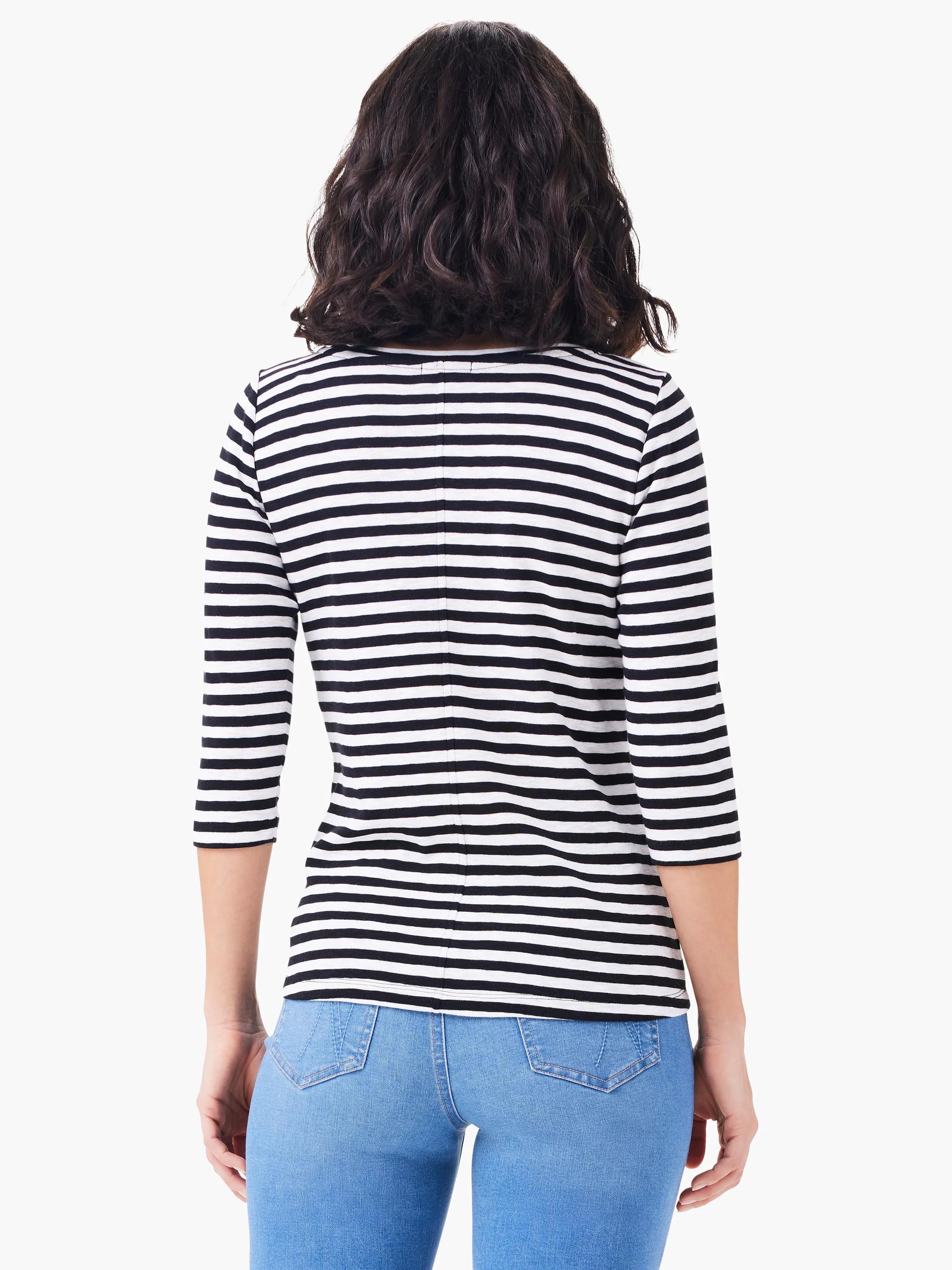 Black and white horizontally striped 3/4 sleeve boat neck tee, back view, with a vertical center seam.
