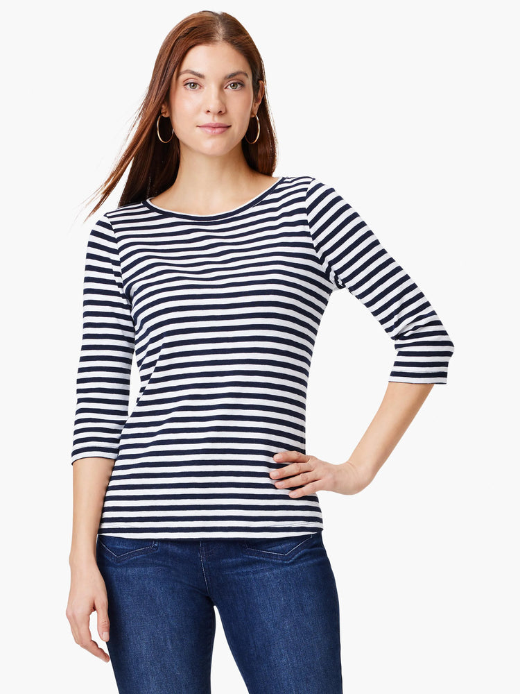 Navy and white horizontal striped boat neck tee with 3/4 sleeves.