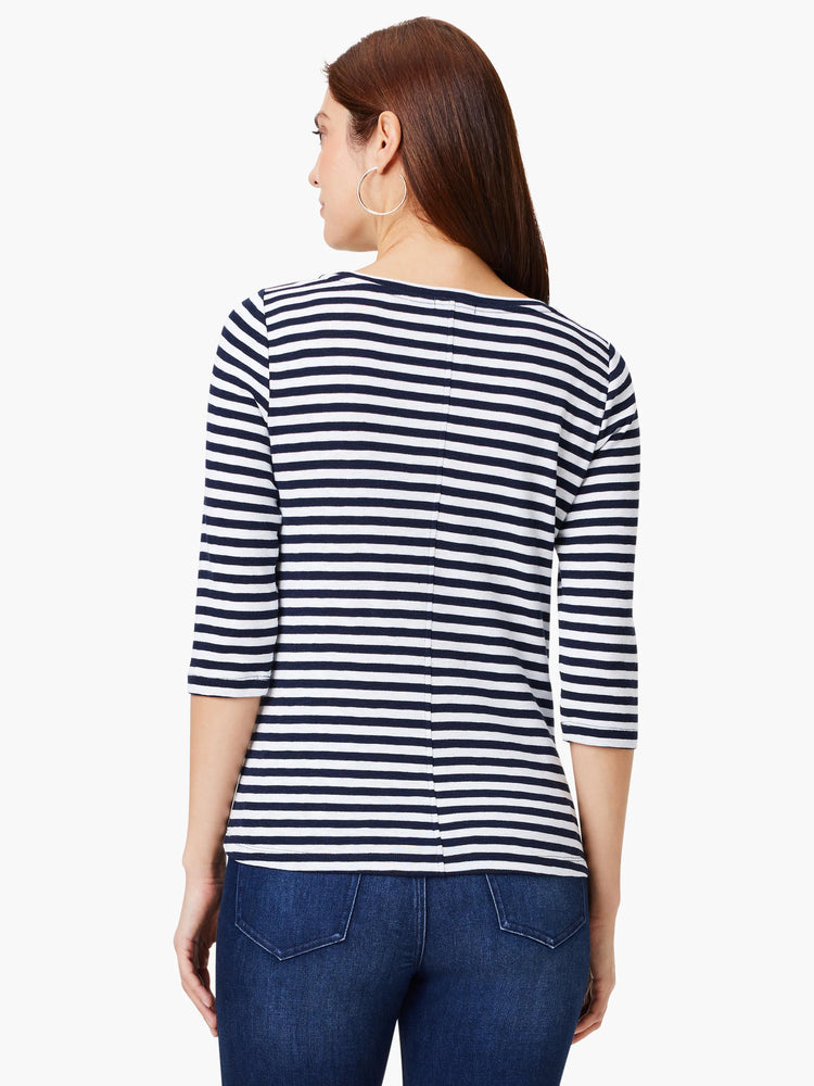 Navy and white horizontal striped 3/4 sleeve boat neck tee, back view, with a vertical seam.