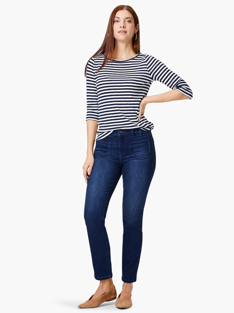 Navy blue and white horizontally striped 3/4 sleeve boat neck tee on a model.
