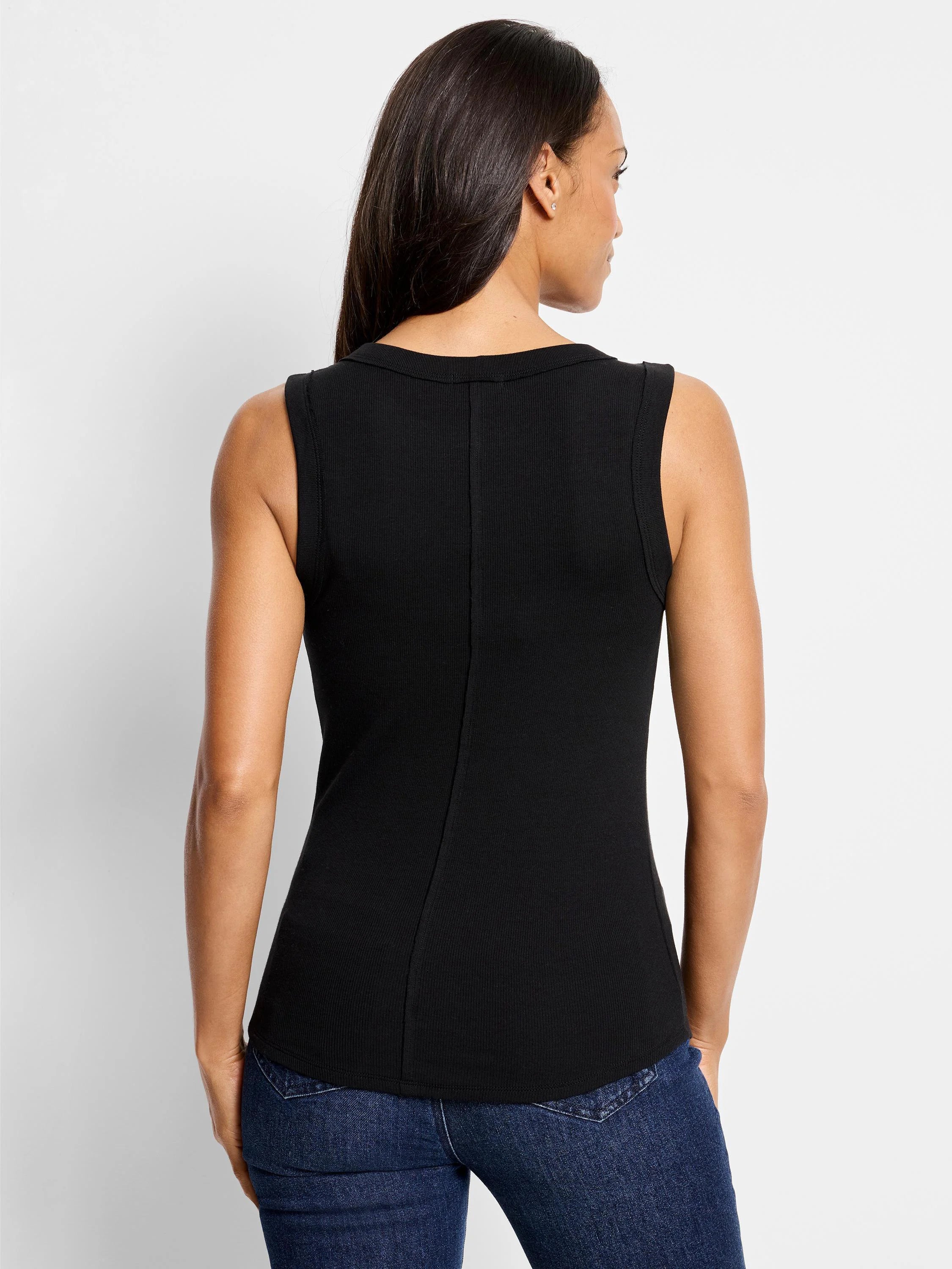 Black ribbed sleeveless top, seamed down the back.