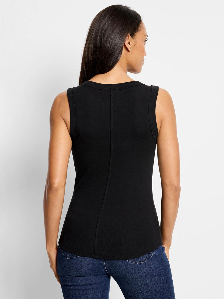 Black ribbed sleeveless top, seamed down the back.