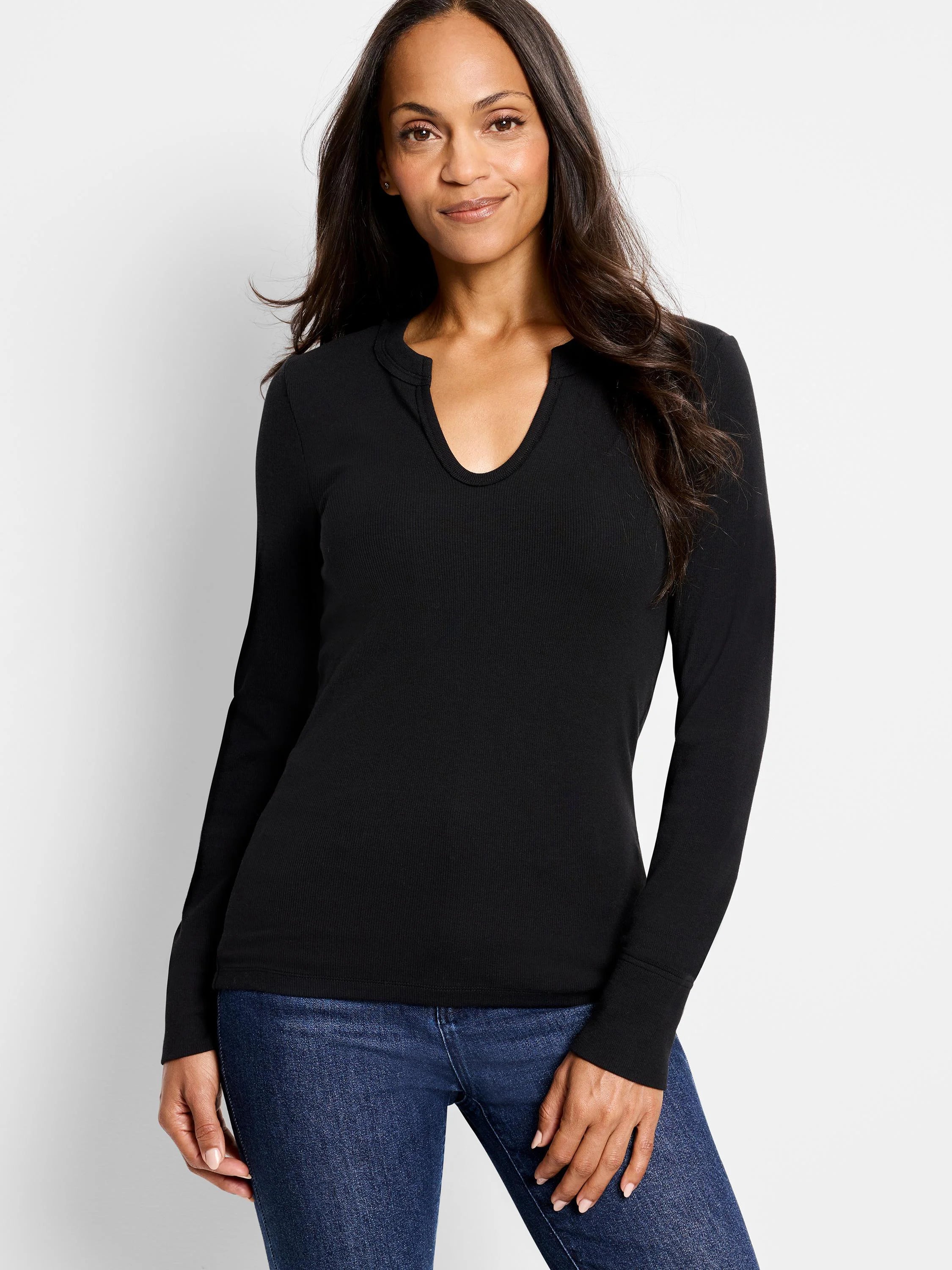 Black ribbed, long-sleeved shirt with a split V-neck.