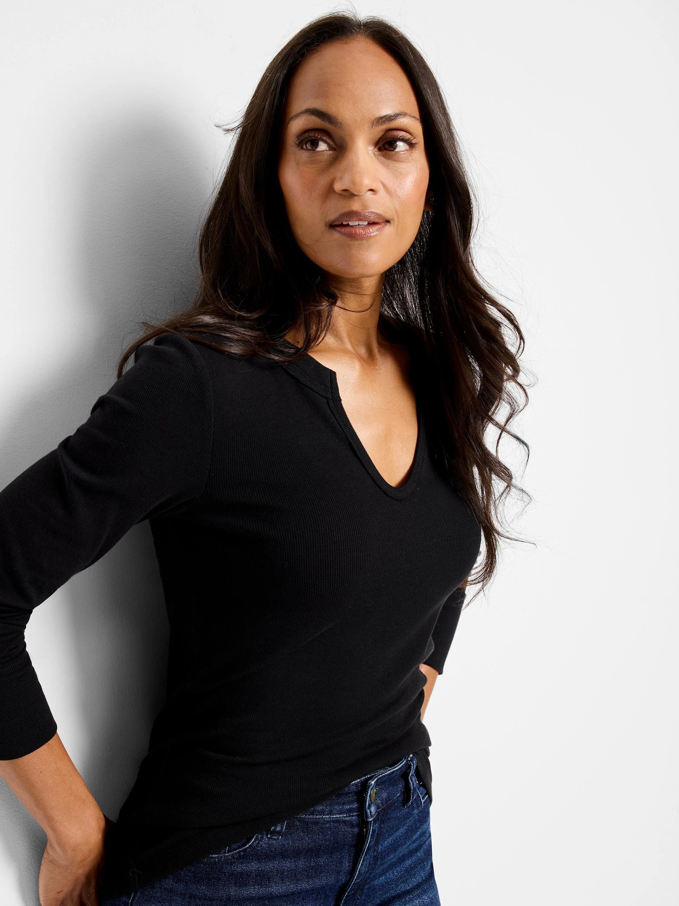 Black ribbed, 3/4 sleeve shirt with a split v-neck.