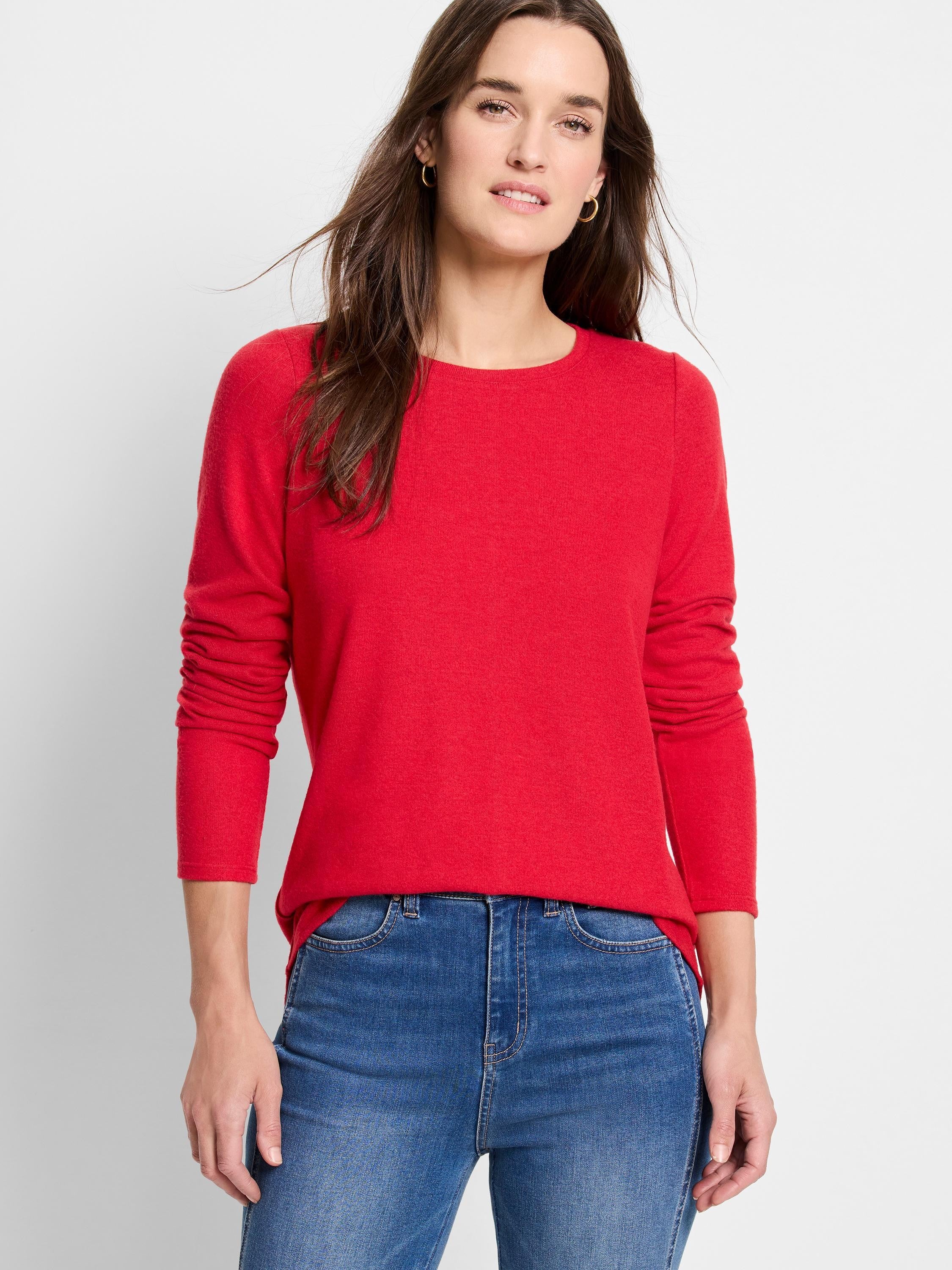 Red long-sleeve shirttail tee. Crew neck. Solid color.