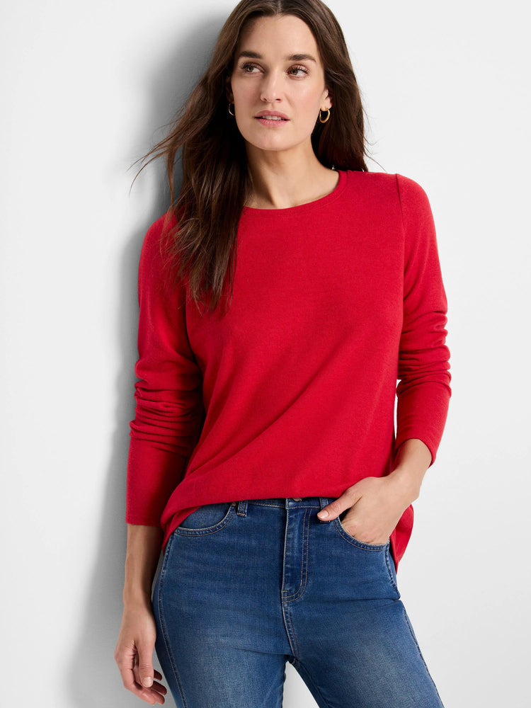 Red long-sleeve shirttail tee. Crew neck, relaxed fit.
