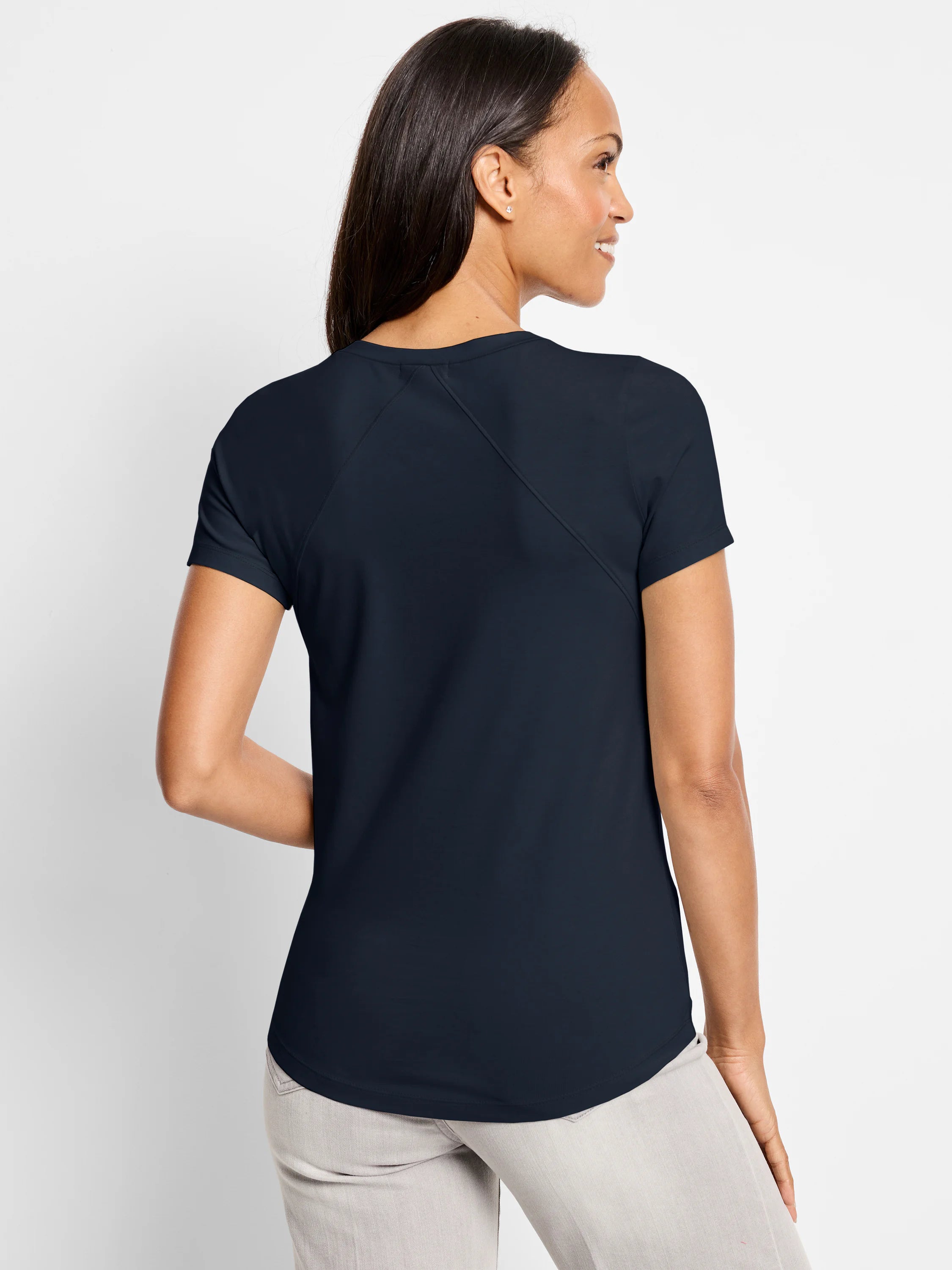 Dark navy short sleeve crew neck tee, featuring diagonal back seams and a curved hem.