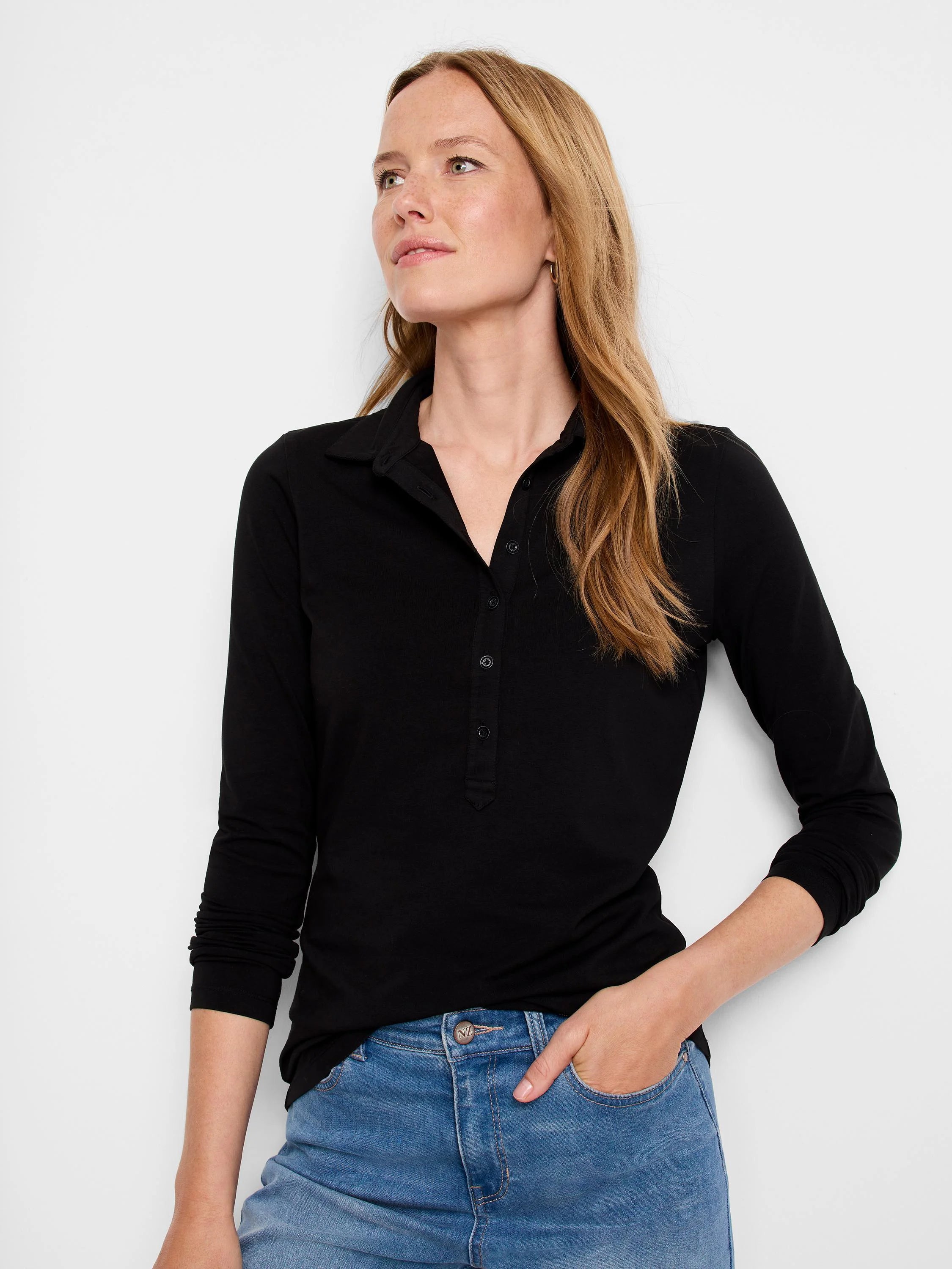 Black long-sleeve polo shirt with dark buttons. Collared neckline.