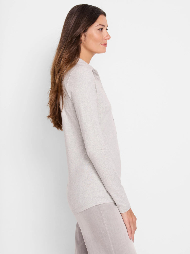 Light gray long-sleeve polo shirt; collared, buttoned. Shown on model.