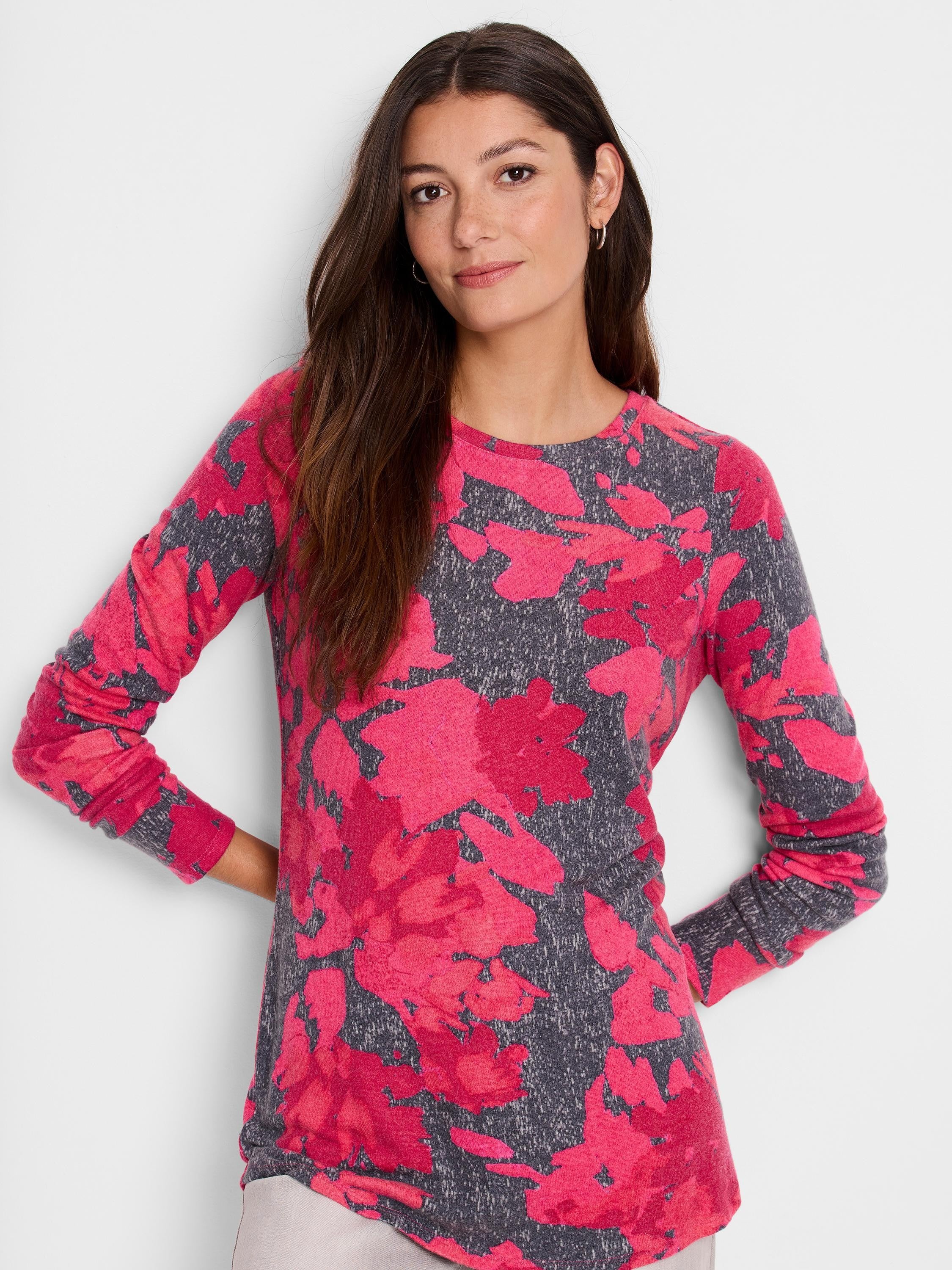 Long-sleeve shirt with pink and gray floral print.  Crew neck, shirttail hem.