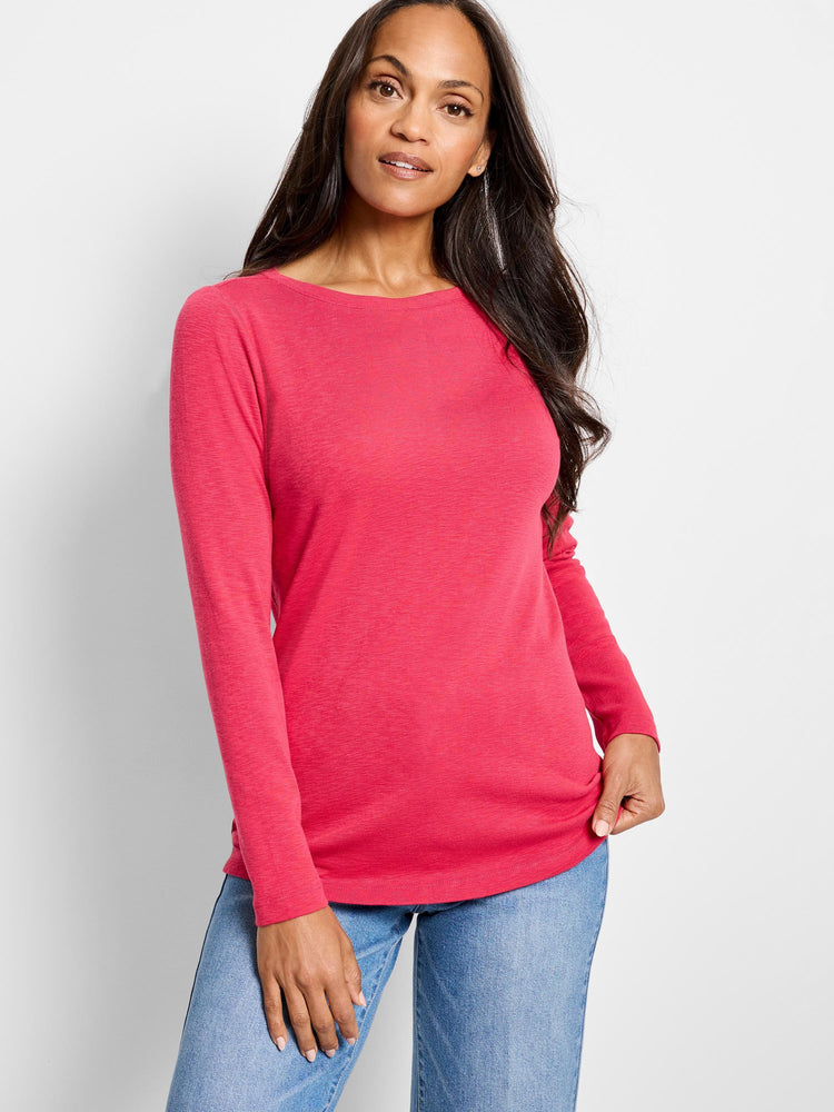 Pink long-sleeved boatneck shirt. Textured fabric.