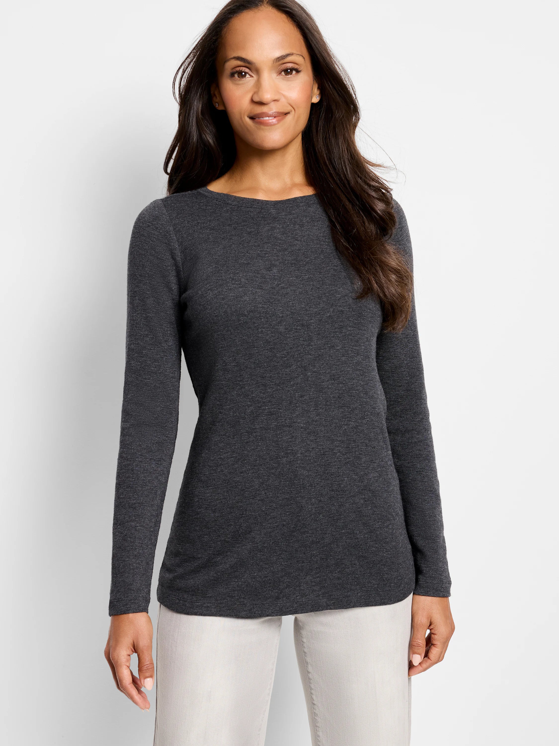 Dark gray, long-sleeved boatneck shirt; model shown wearing it.