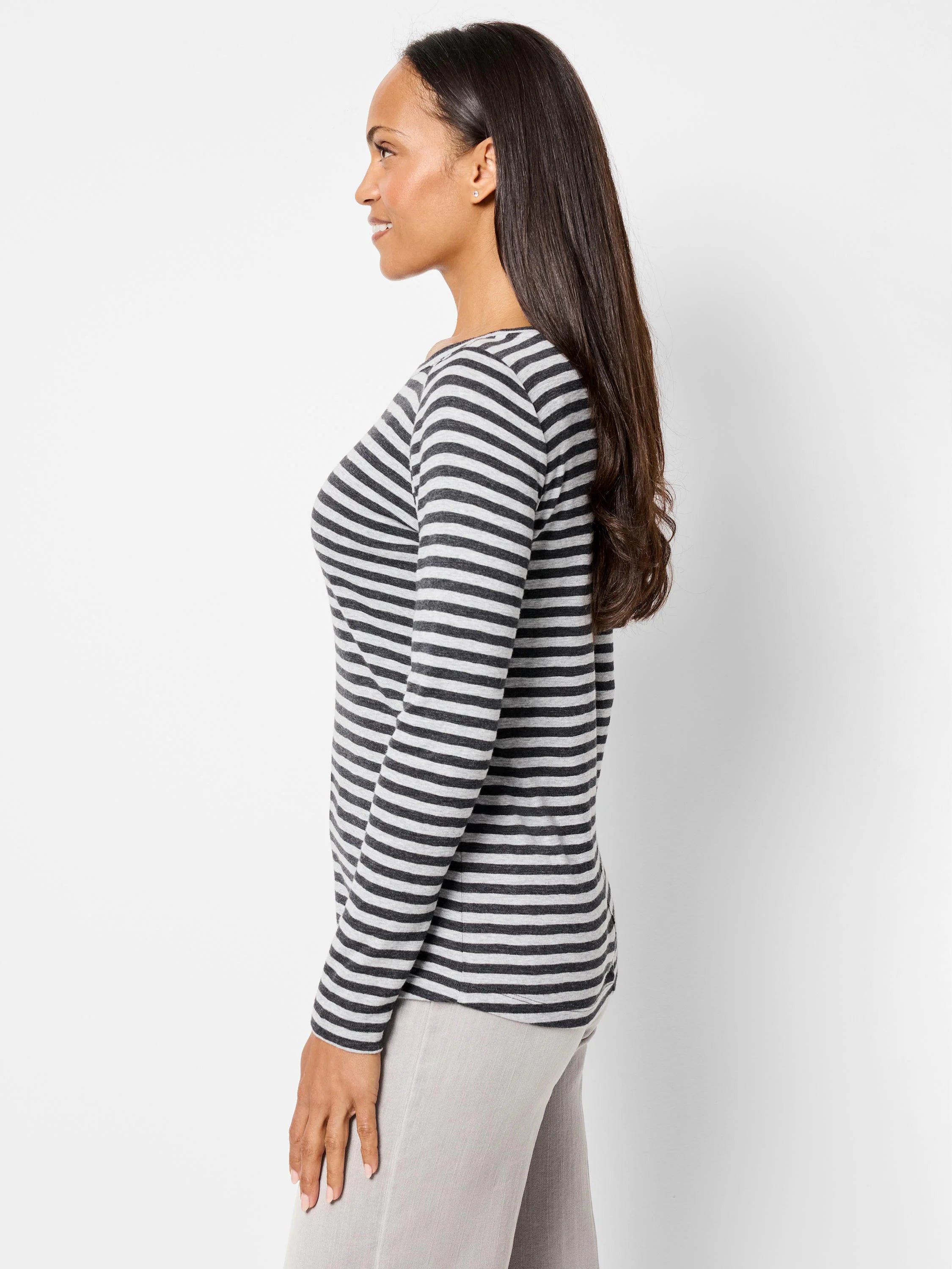 Gray and dark gray horizontal striped long-sleeve shirt; boat neckline.