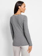 Gray and dark gray horizontal striped long-sleeve shirt; boat neck.