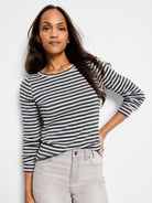 Gray and dark gray horizontal striped long-sleeve shirt; crew neck.