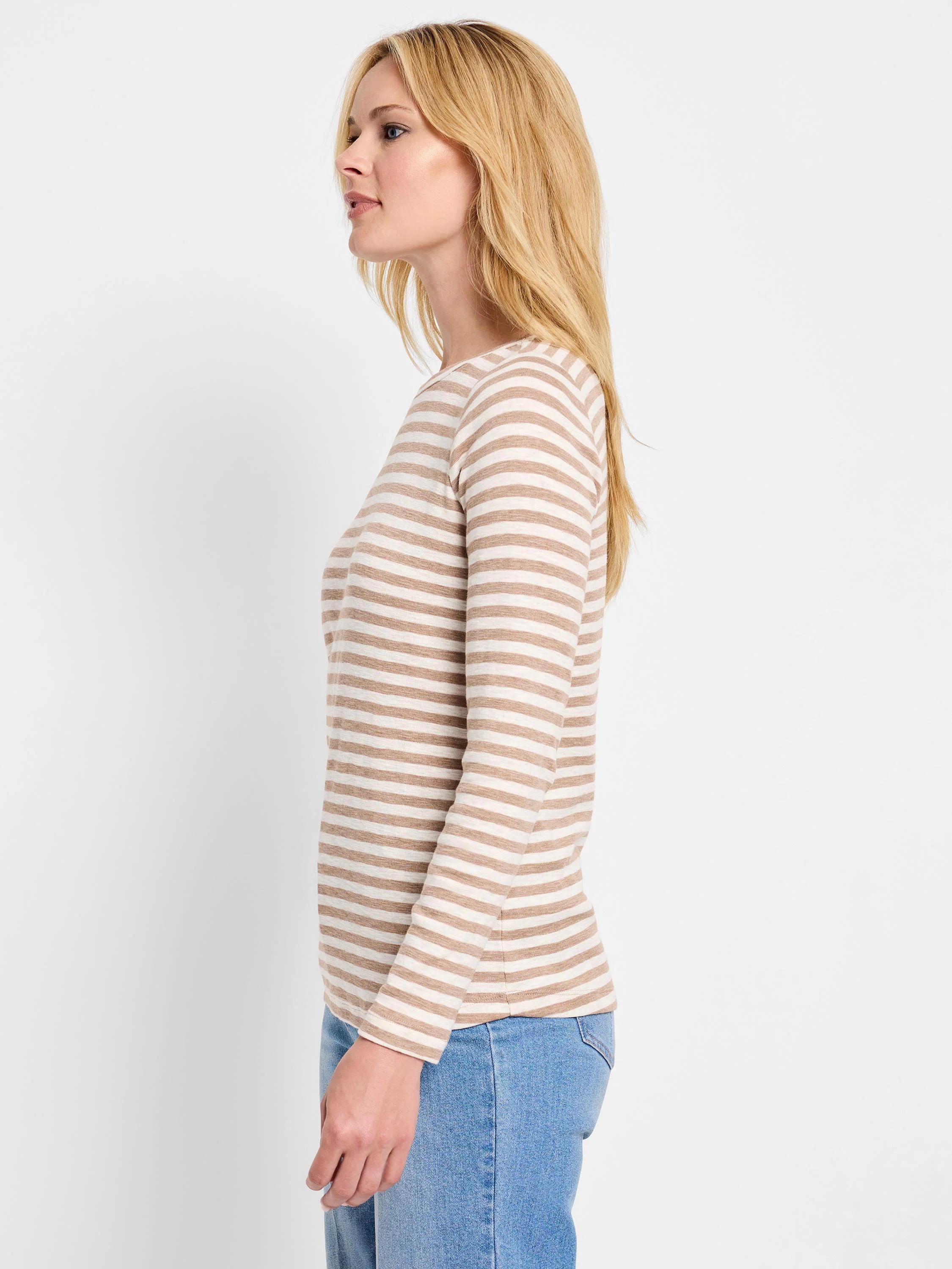 Beige and white striped long-sleeve shirt;  crew neck.
