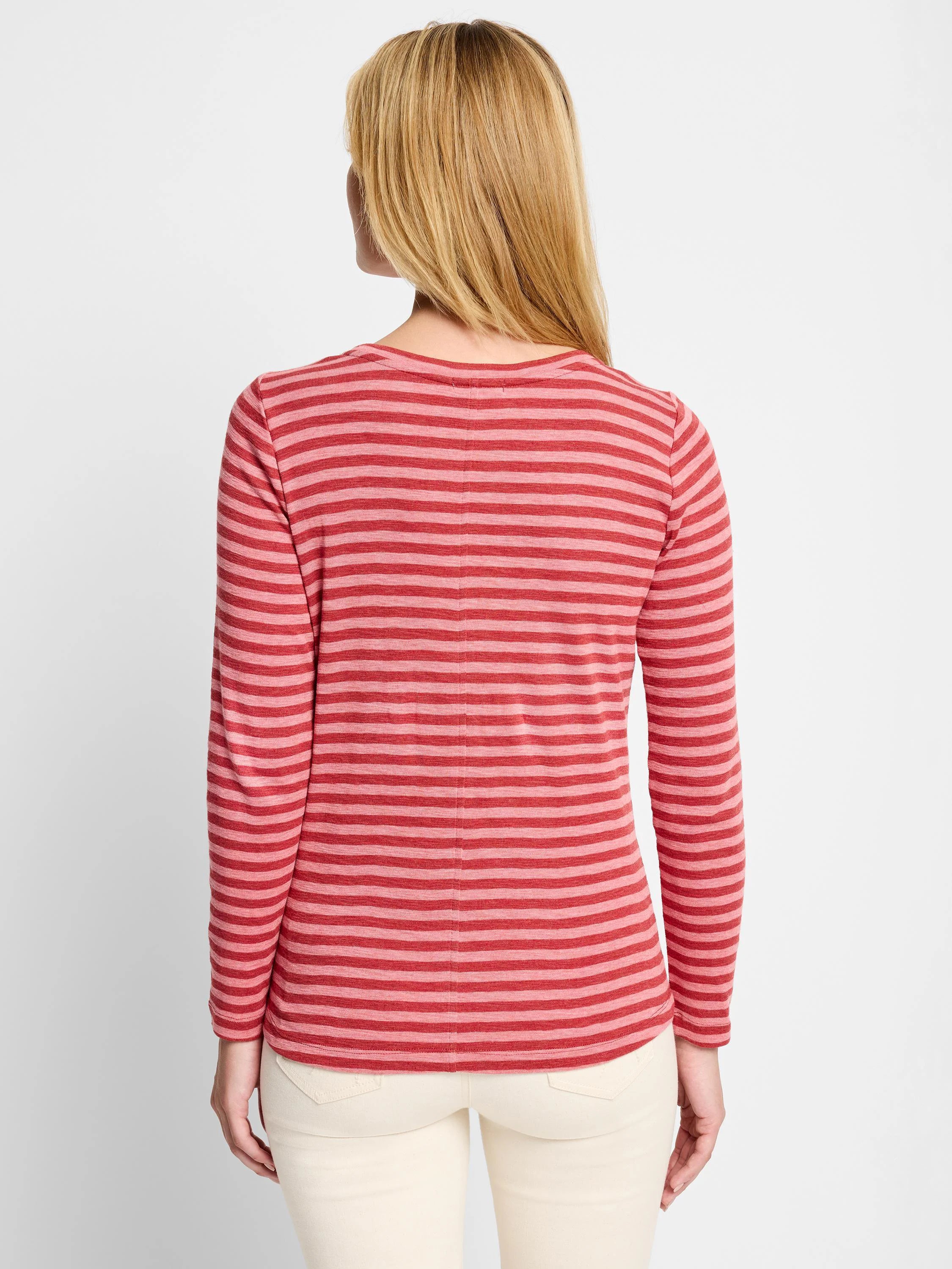 Red and pink horizontal striped long-sleeve shirt, shown from the back.