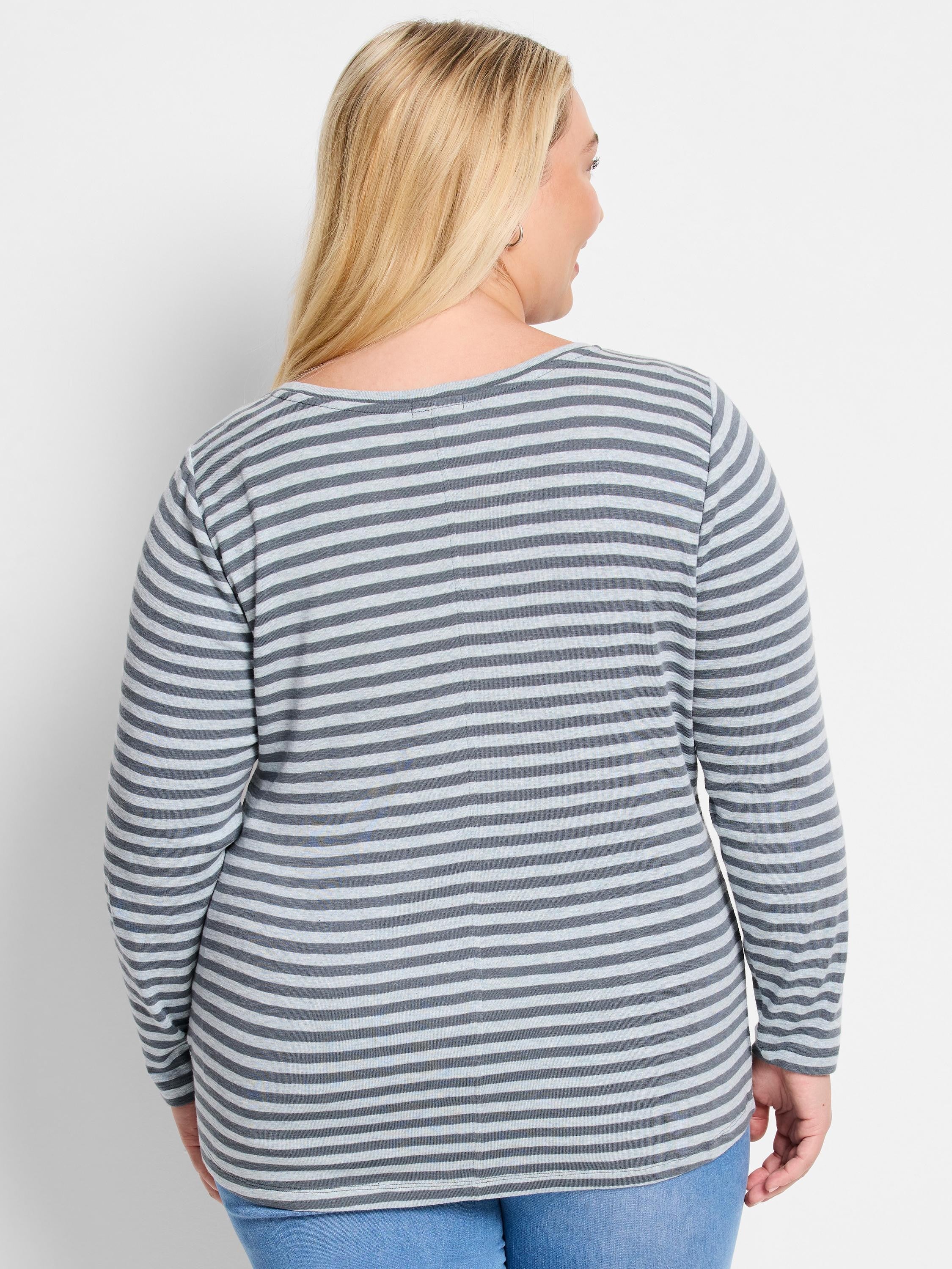 Gray and light blue horizontally striped long-sleeve boat neck shirt.  Back view.