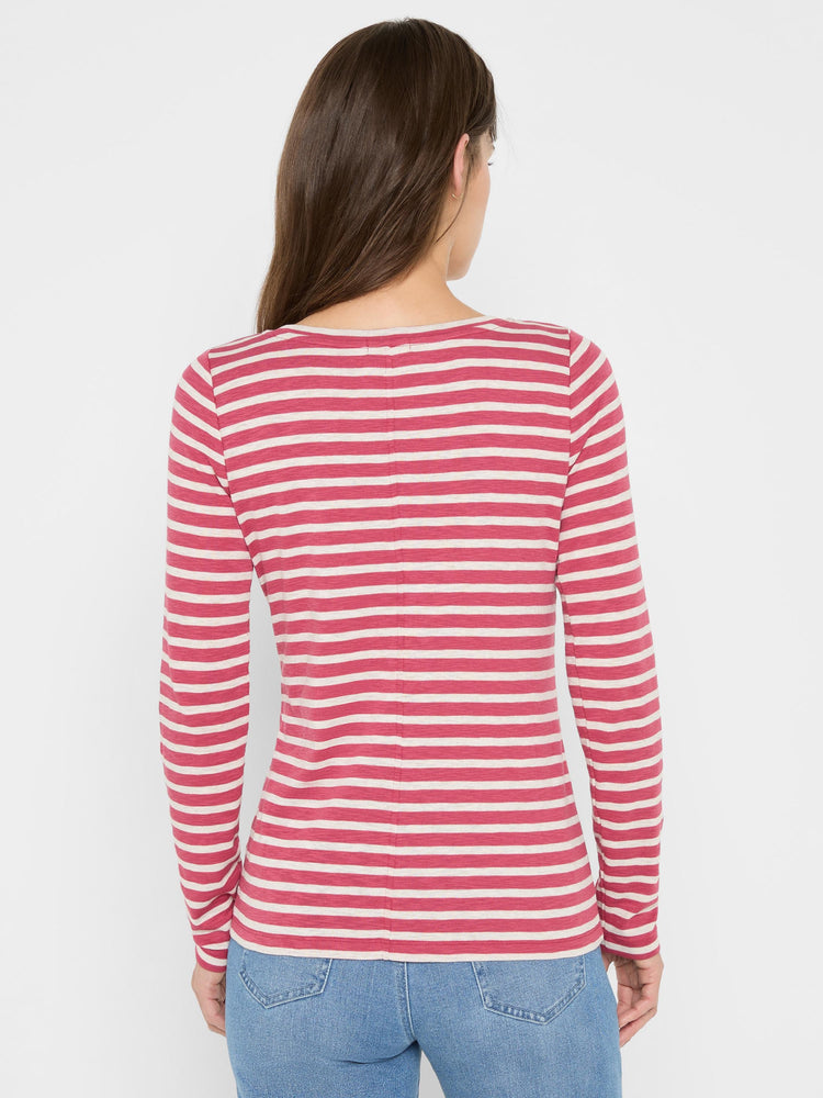 Deep rose and cream horizontally striped long sleeve boat neck tee, shown from the back.