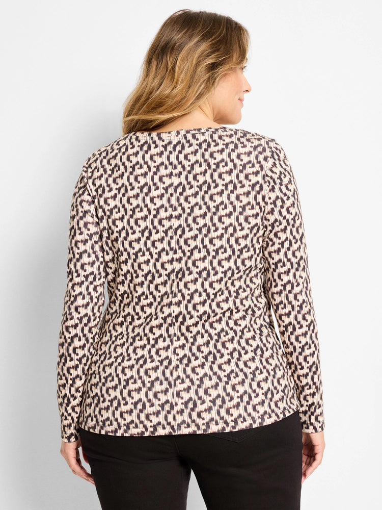 Long sleeve boat neck tee, back view, with an abstract dark brown & tan irregular pattern.
