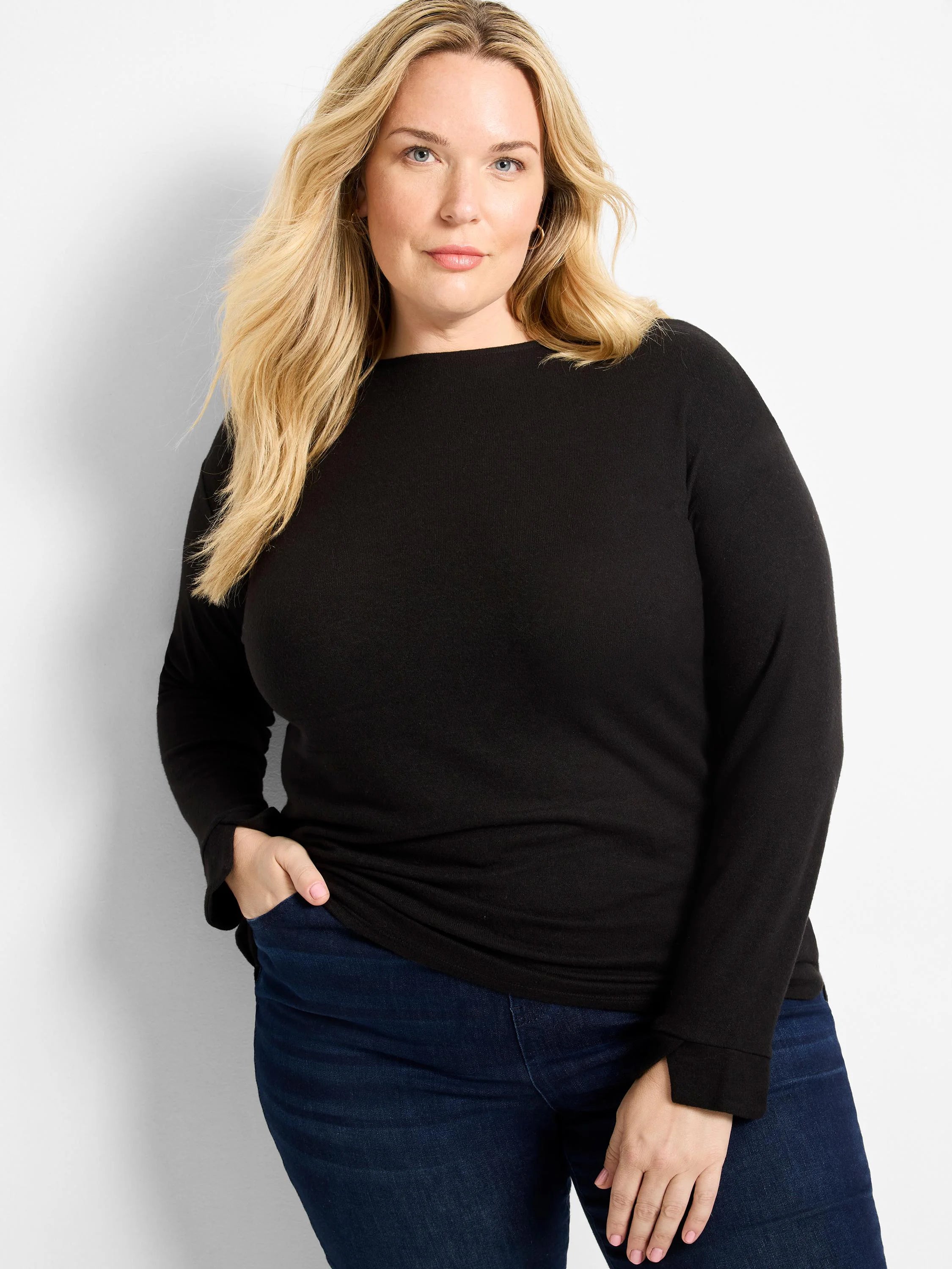 Black long sleeve boat neck top, relaxed fit.
