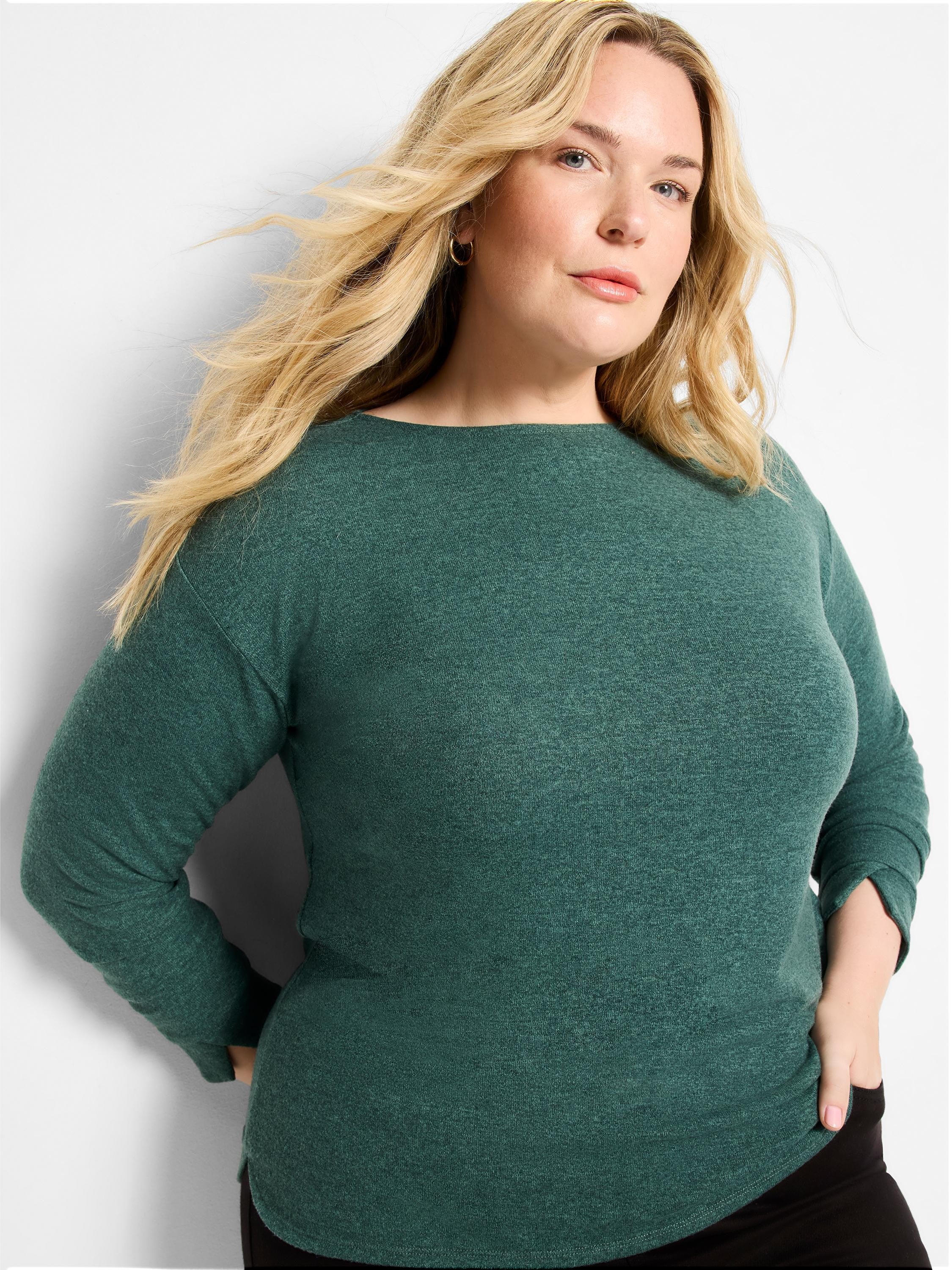 Heathered dark green top with boat neckline and long sleeves. Relaxed fit.
